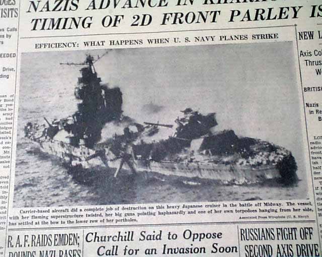 BATTLE OF MIDWAY VICTORY Japanese Ships Sunk PHOTO 1942 World War II Newspaper