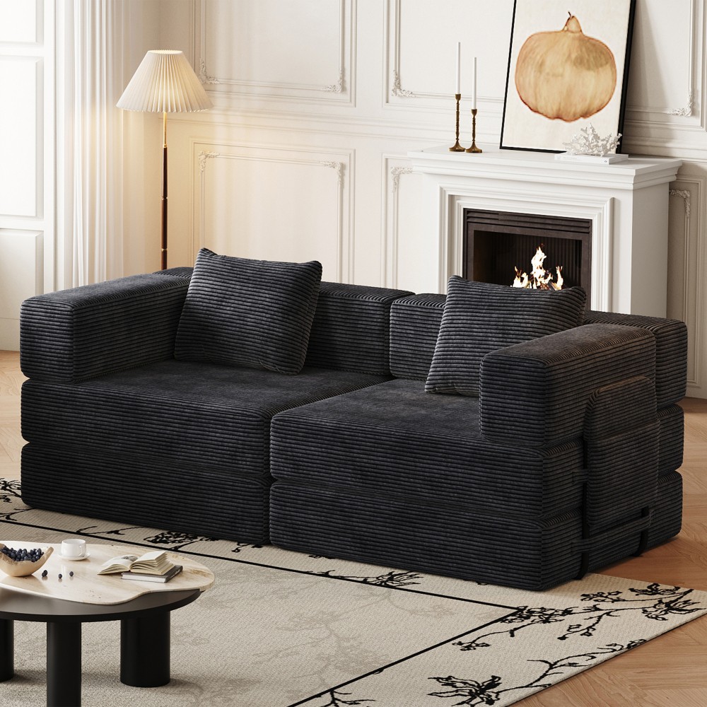 72" Convertible Sofa Bed w/ Storage Pockets & Cushions, Corduroy Fabric