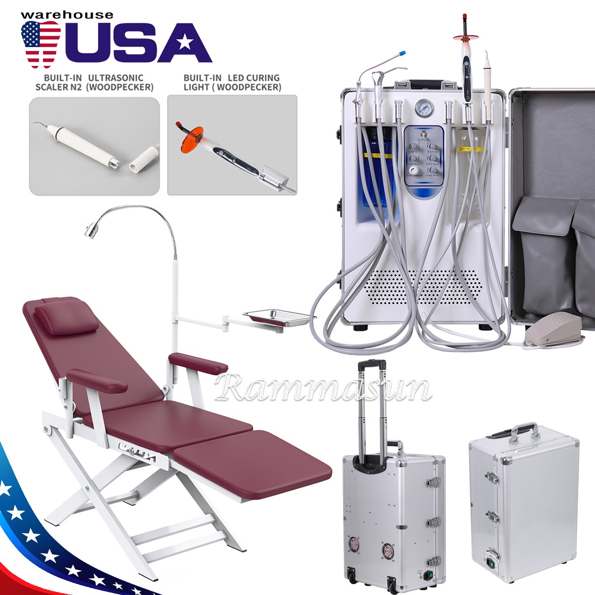 Portable Dental Delivery Unit +Curing light +Scaler +Air Compressor 4Hole/Chair