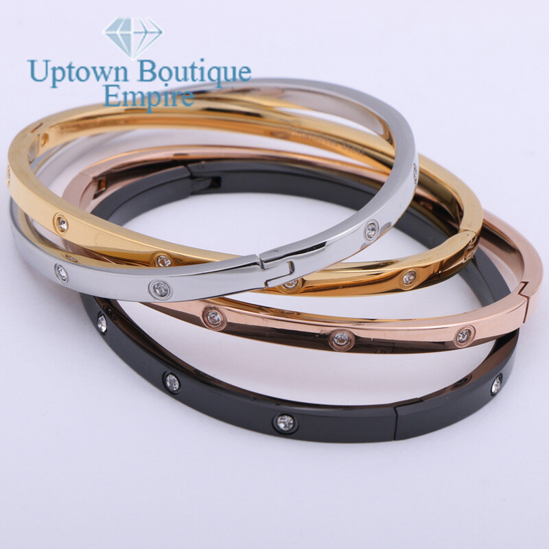 6.5"Black Silver Gold Stainless Steel Women's Brilliant CZ Bangle Bracelet*002