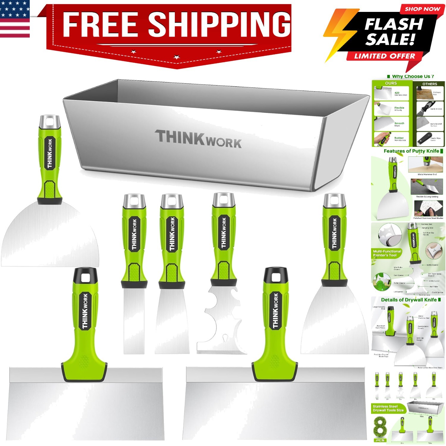 Drywall Tools - 8Pcs Stainless Steel Drywall Knife Set with Putty Knife, Tapi...
