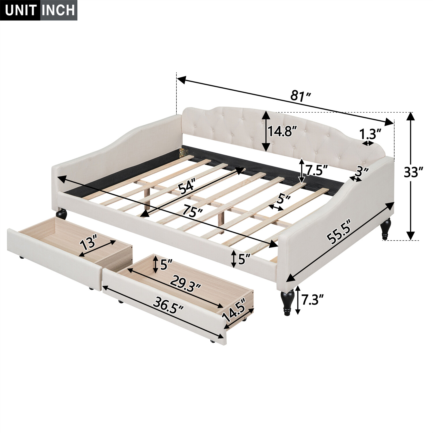 Full Size Daybed Upholstered Bed Frame Sofa Bed with 2 Storage Drawer Beige US