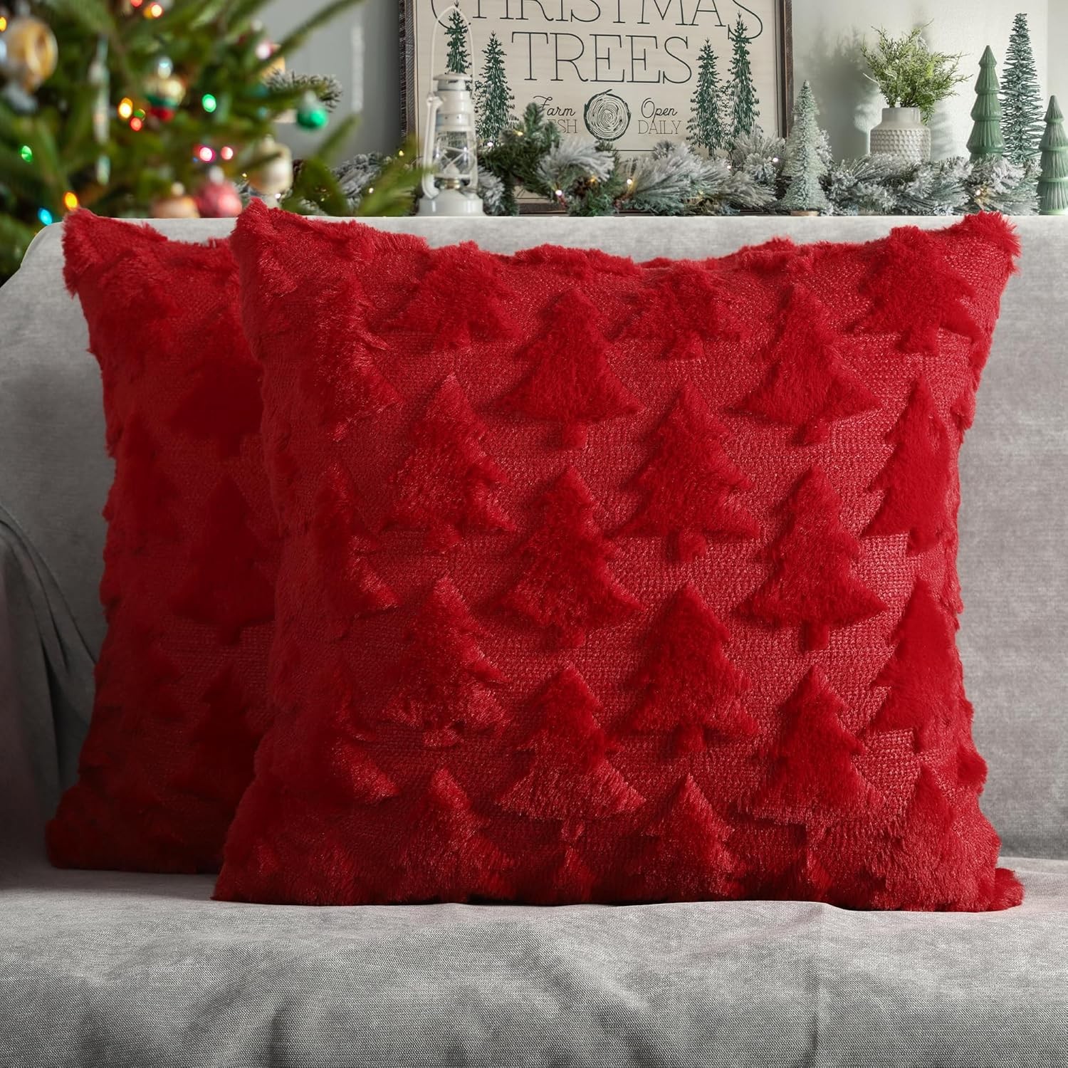 4TH Emotion Christmas Tree Decorative Pillow Covers 18 x 18 (Pack of 2), Red