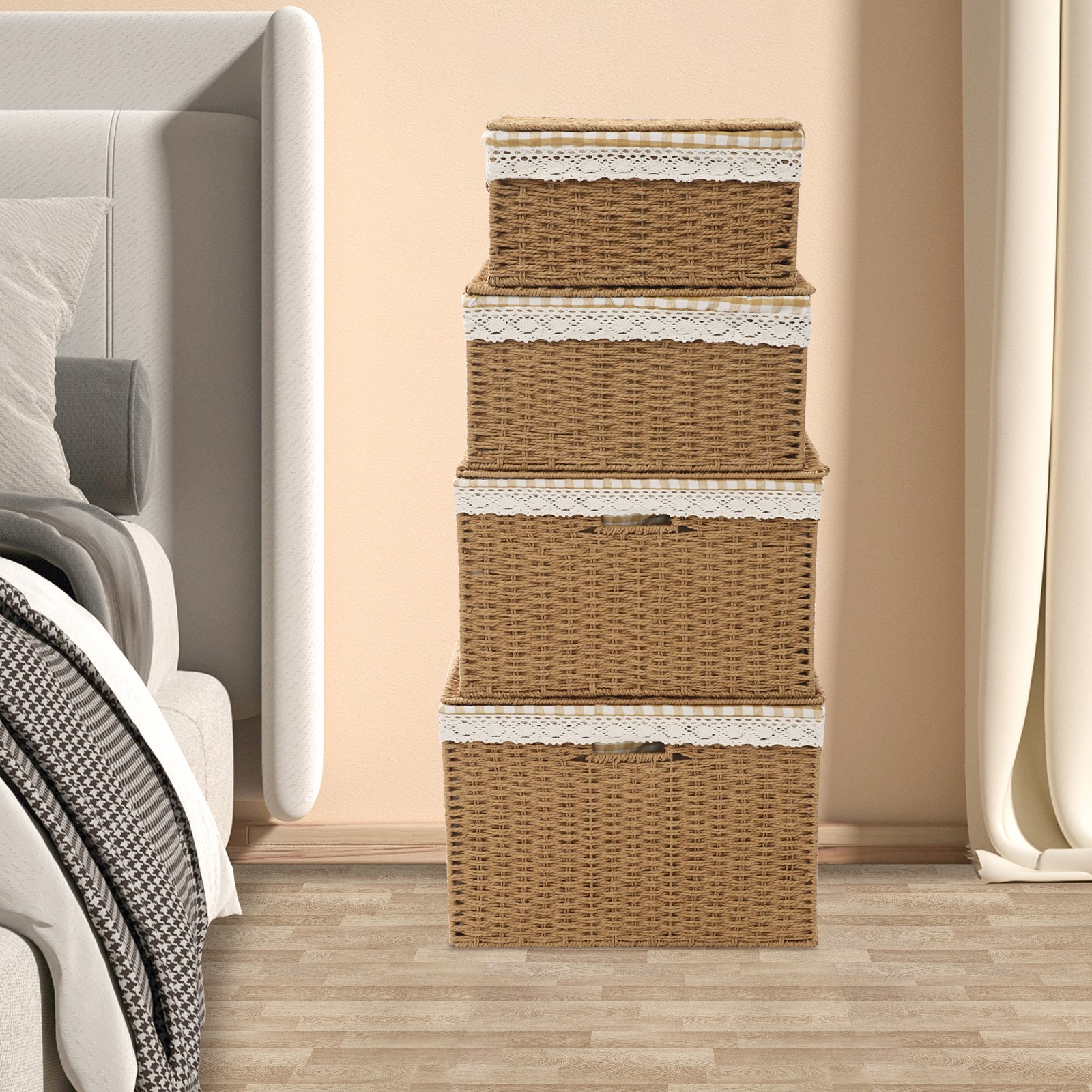 4pcs Large Rope-woven Storage Baskets Boxes Stackable Organizor Bins W/ Liner