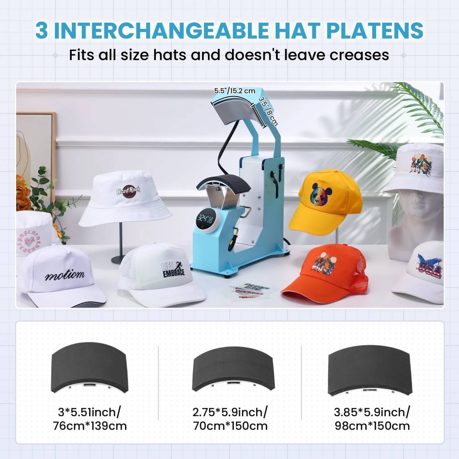 Famous Cap Heat Press Machine, Hat Heat Press with 3pcs Replaceable Heating USA
