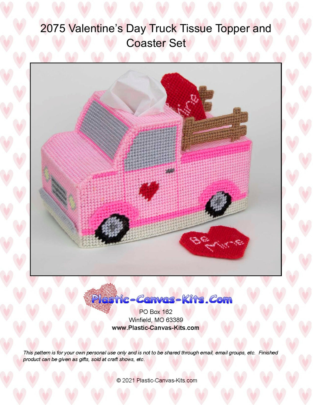 Valentine's Day  Truck Tissue Topper and Coasters-Plastic Canvas Pattern or Kit