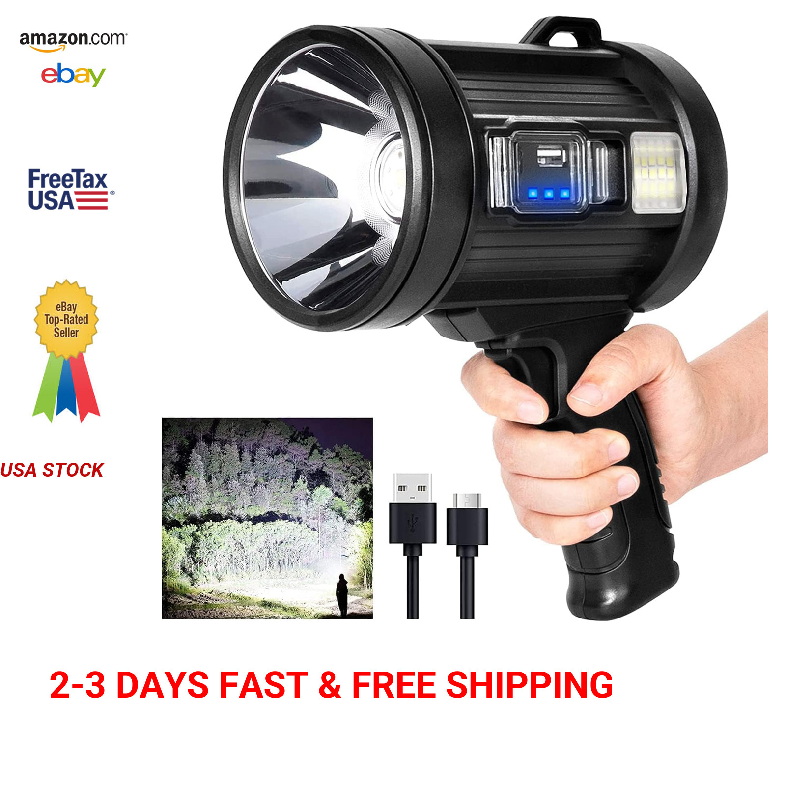 Rechargeable Handheld Spotlight with Cob Light and Solar Panels 2000000 Lumens