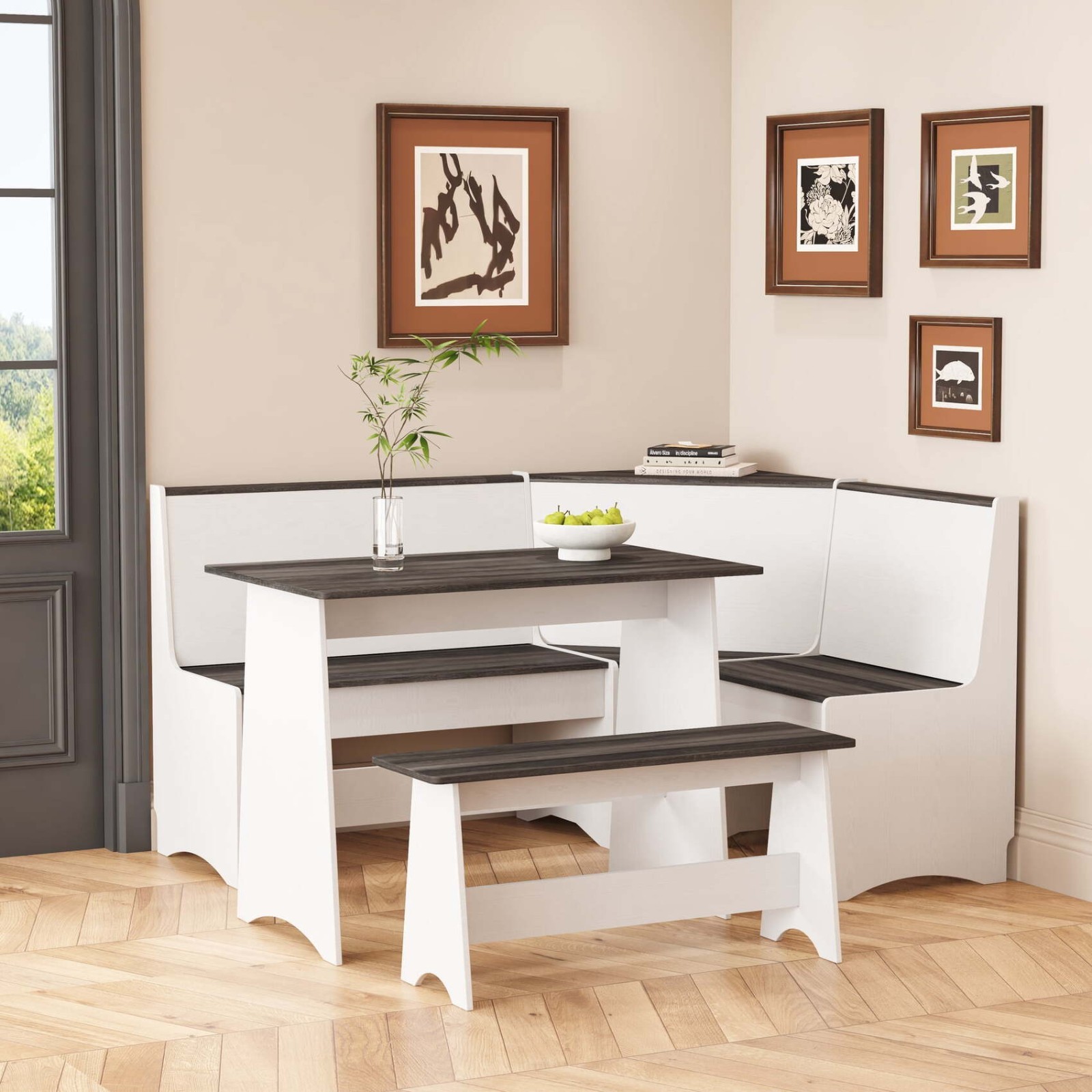 Kitchen Nook Breakfast Dining Table Bench Reversible Corner Unit White & Gray