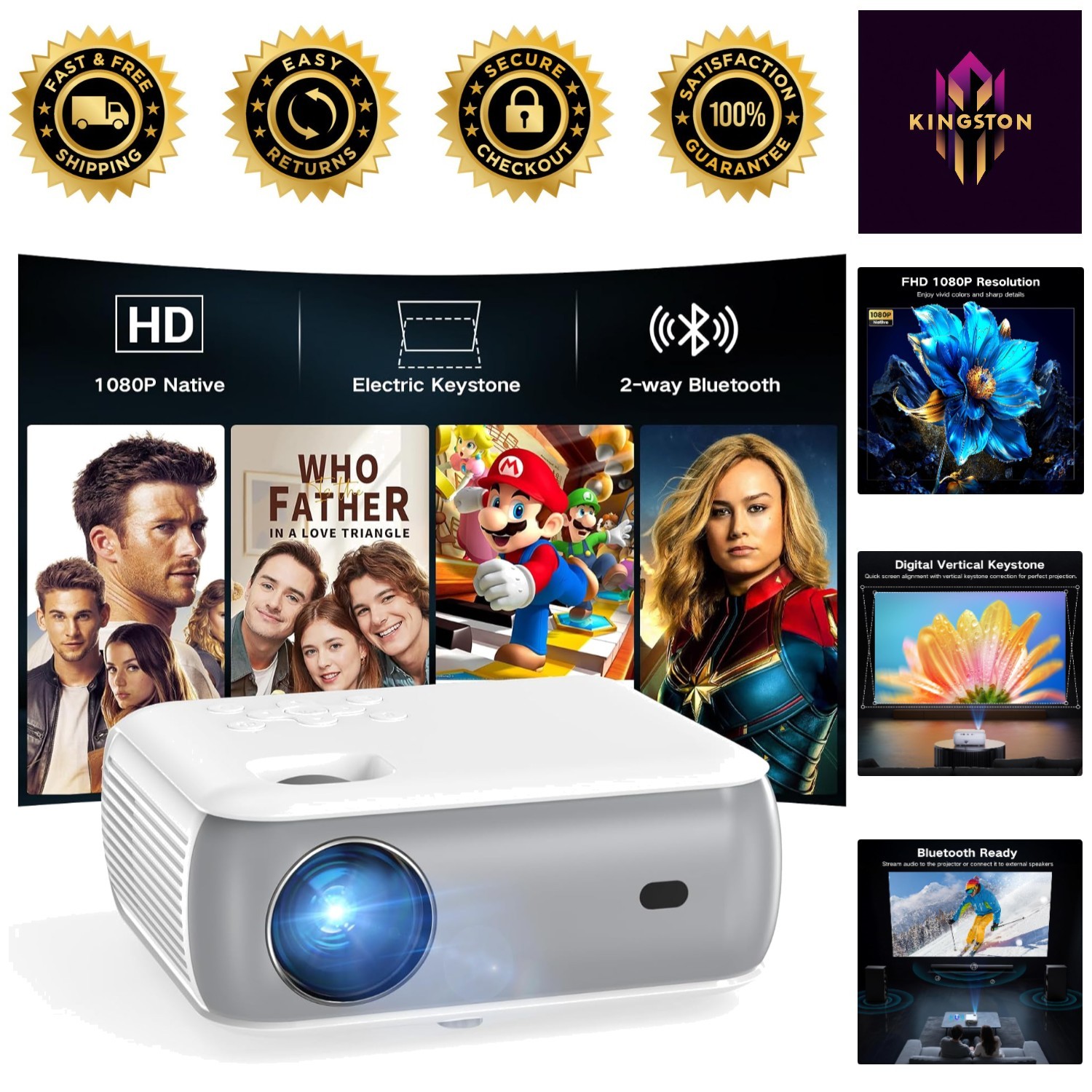 Ultra-Bright 400 ANSI 1080P Projector with Built-In Speakers for Movies & Gaming