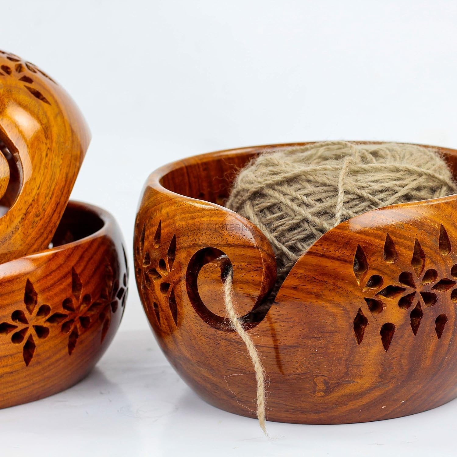 Authentic Rosewood Yarn Bowl Set with Deep Rich Finish for Knitting Accessories