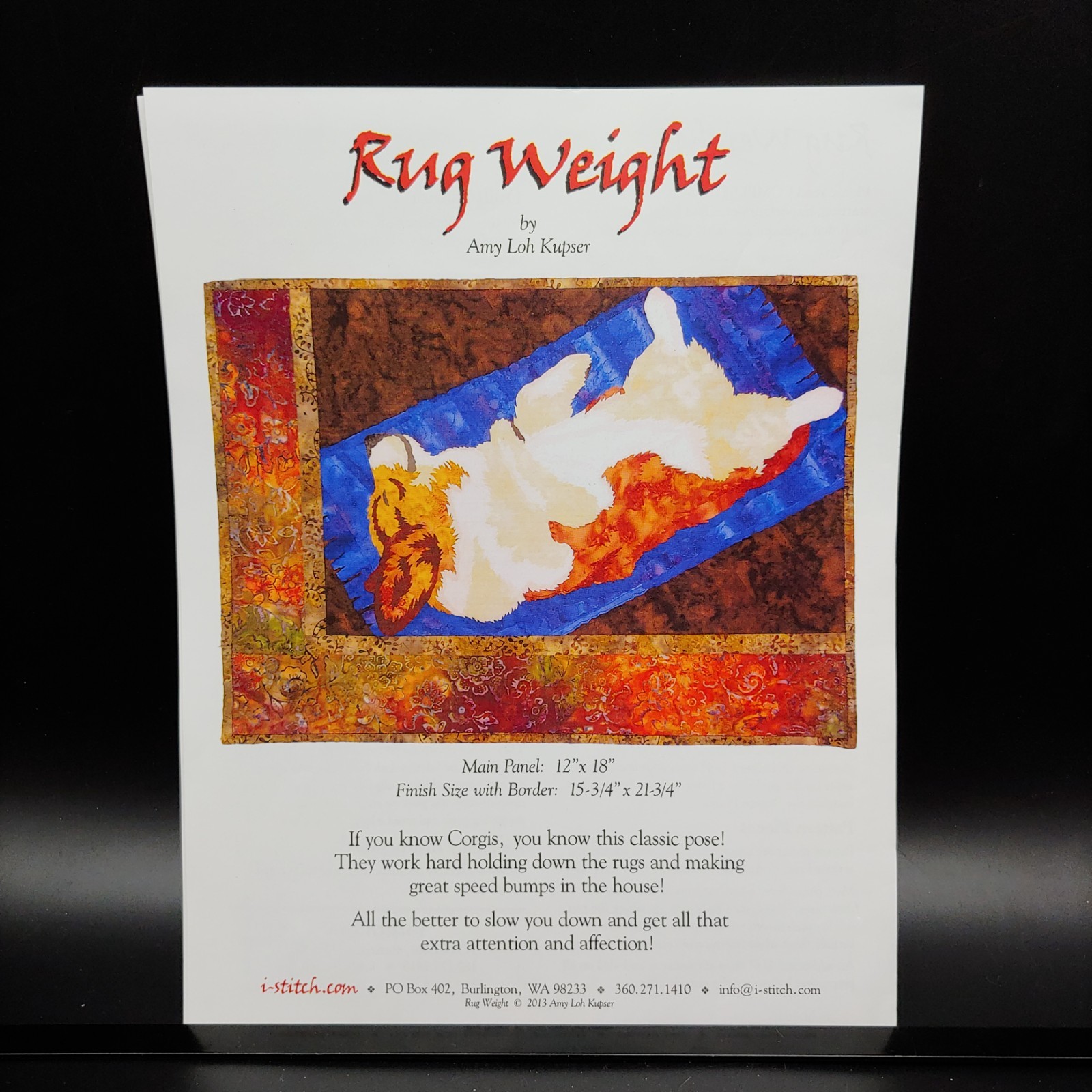 Upside Down Corgi Applique Quilt Pattern, 15x21 Dog Puppy Sleeping Napping Batik