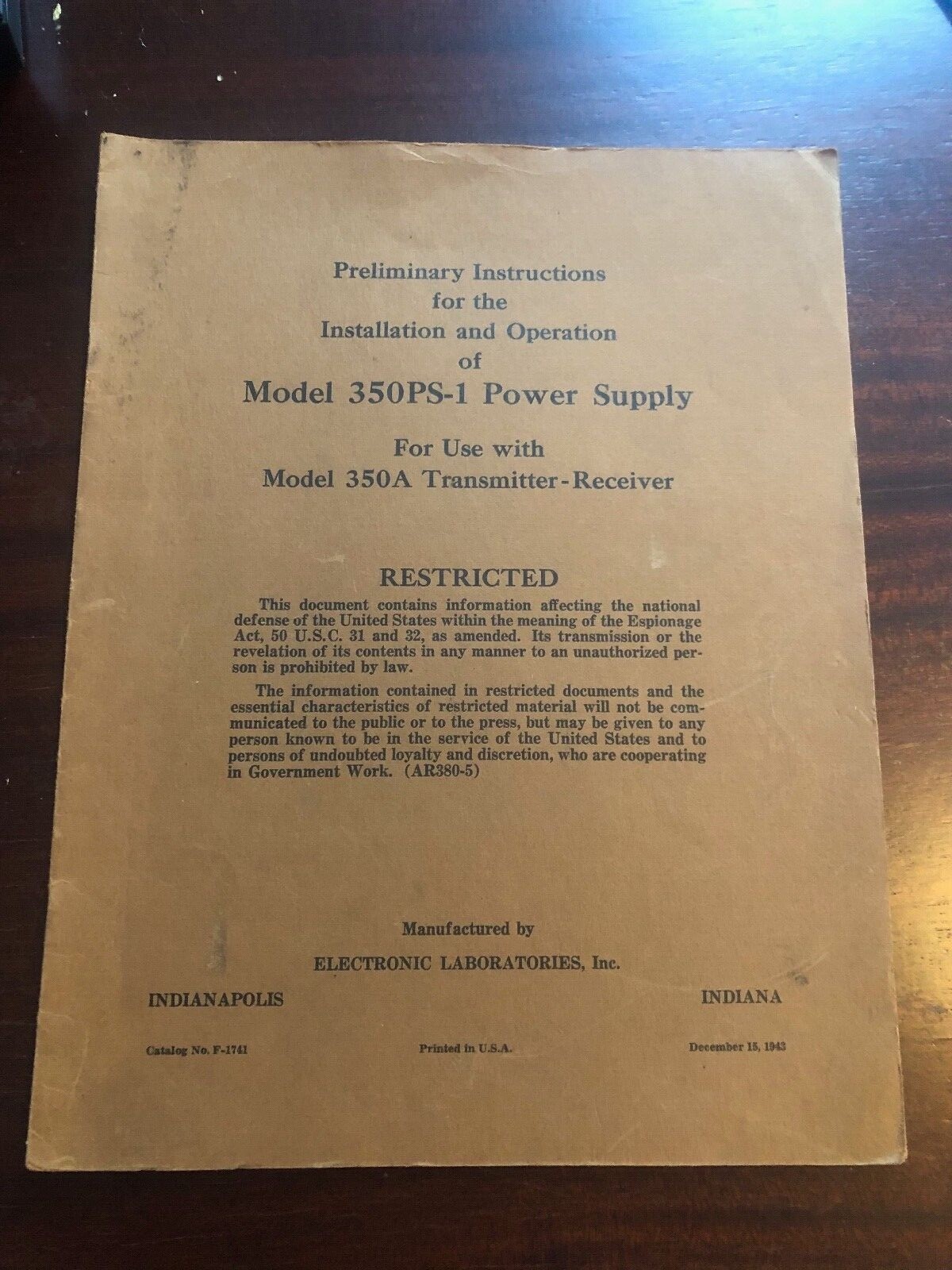 Preliminary Instruction Manual for Model 350PS-1 Power Supply Radio Model 350A