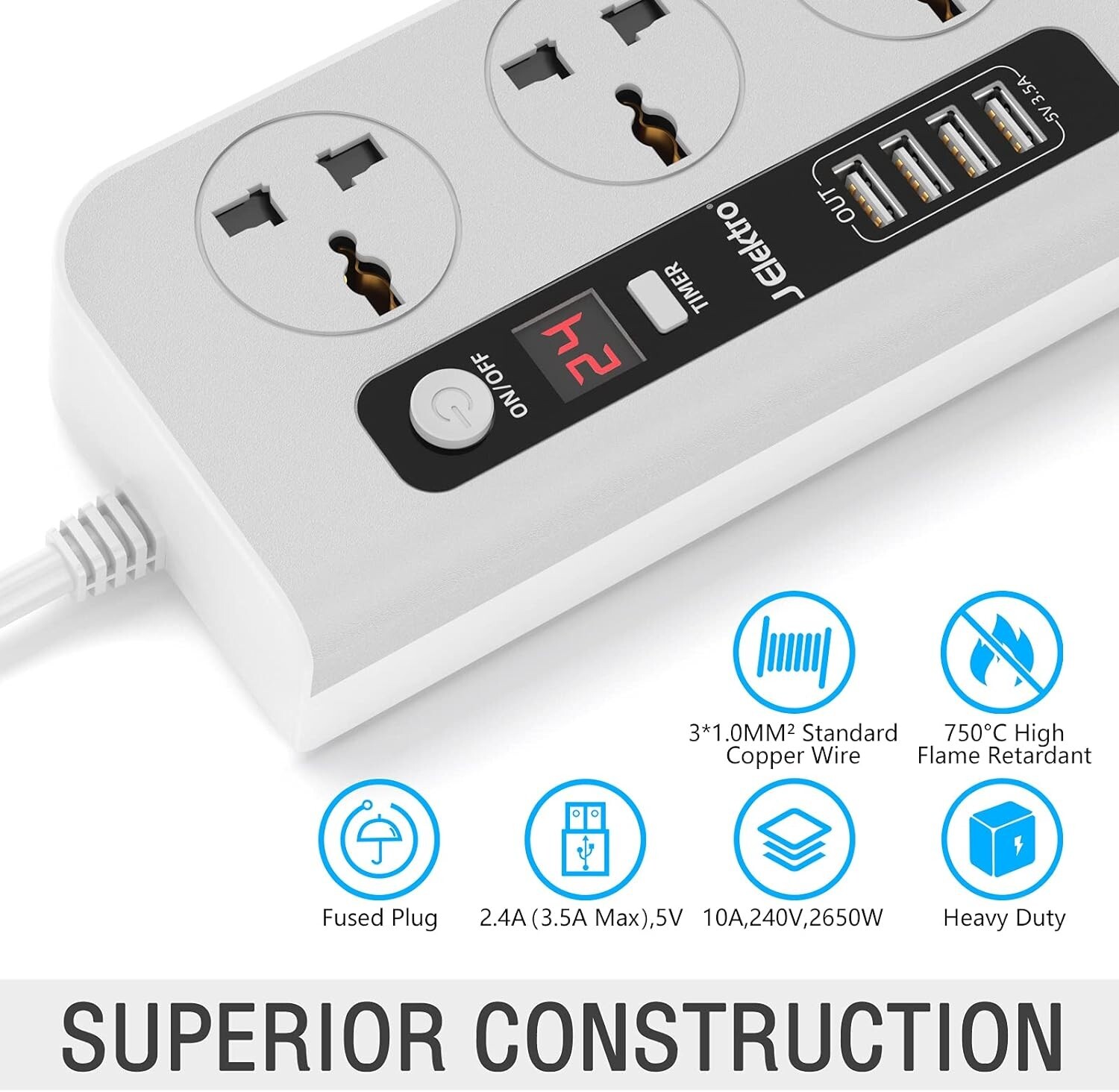 Universal Power Strip, 3 Way Universal Outlets 4 USB, 4.59 FT, 24 hour timer