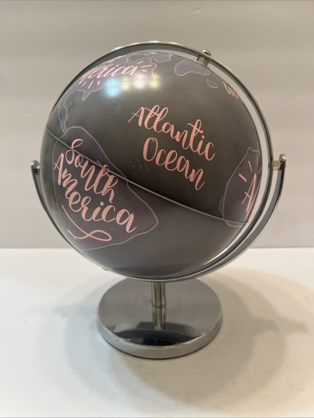 Globe 10” Gray Pink Chrome Base Spins Continents Oceans Rotates Tabletop