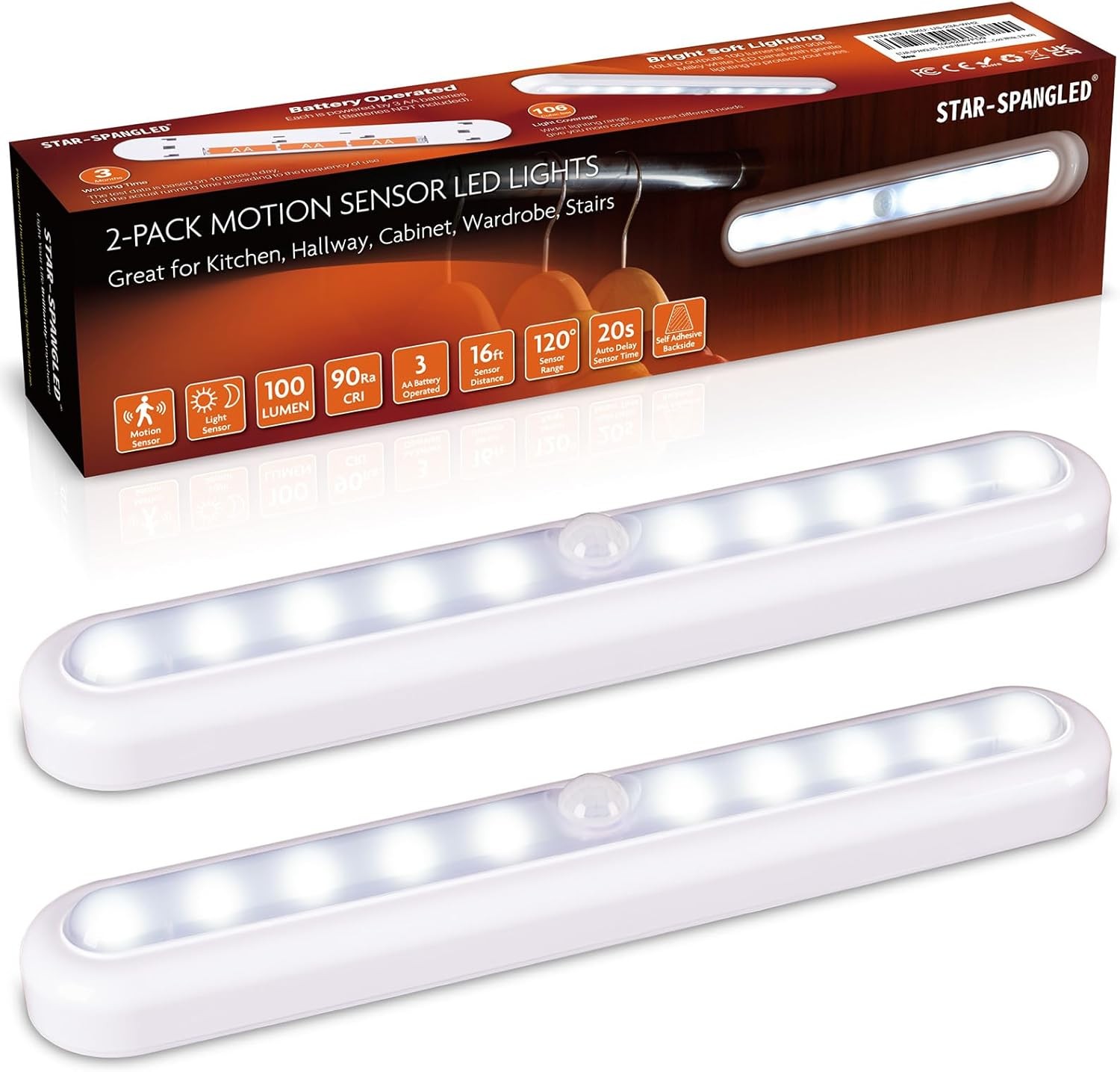 STAR-SPANGLED 11” Motion Sensor Lights Indoor AA Battery Operated, Stick on LE