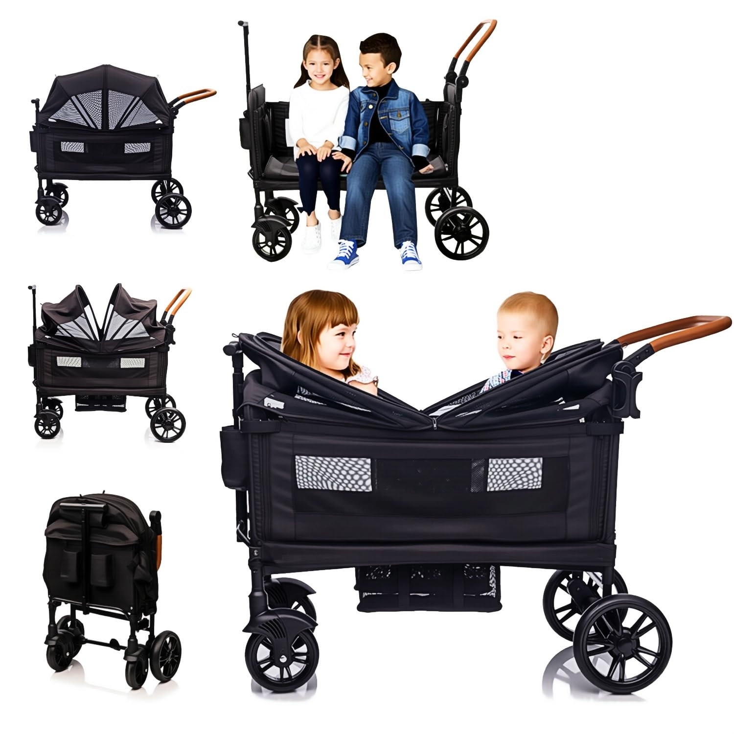 Luxury Wagon Stroller for 2 Kids & Cargo-Lightweight Foldable Travel Push Pull A