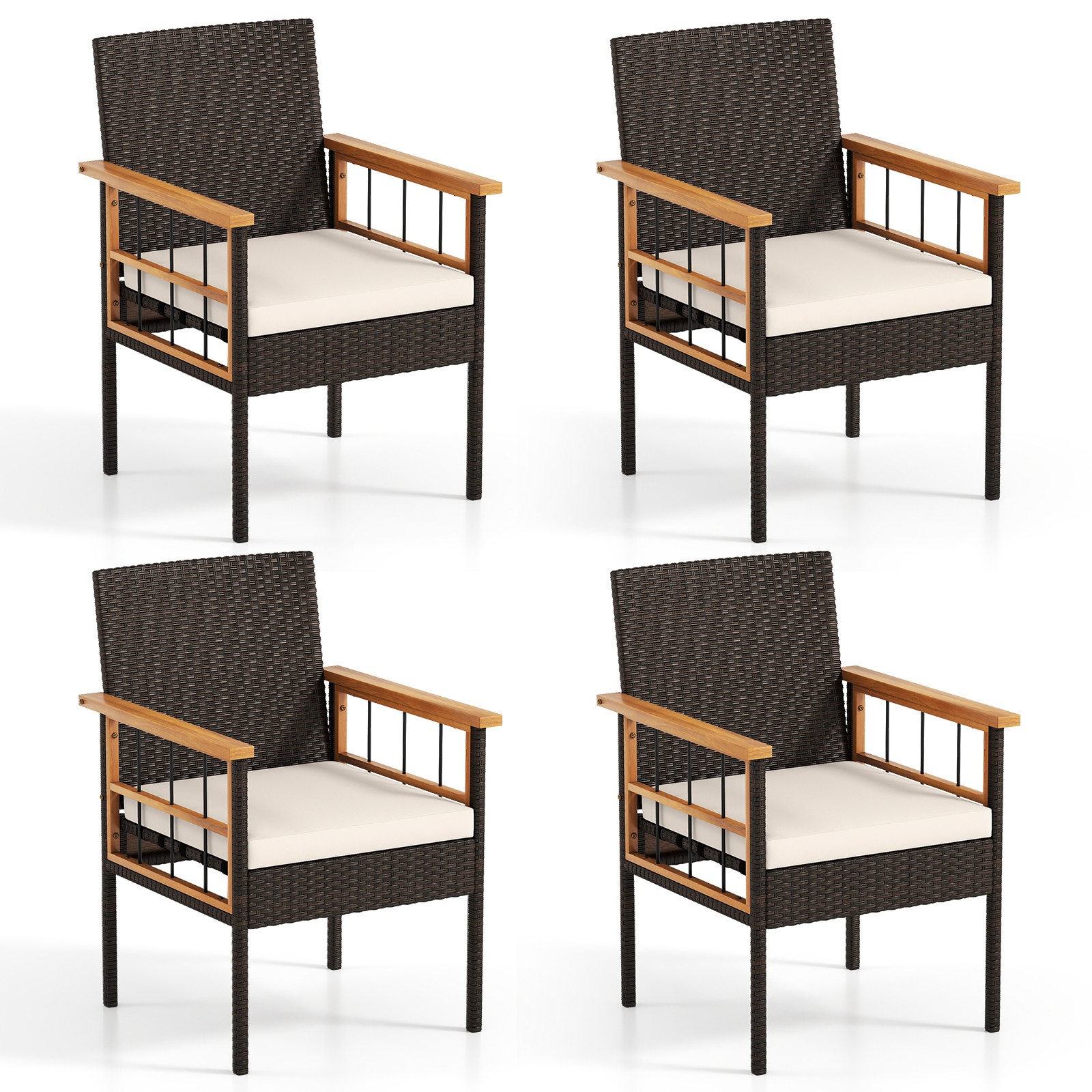 Set of 4 Patio Dining Chairs w/ Removable Padded Cushion Acacia Wood Armrests