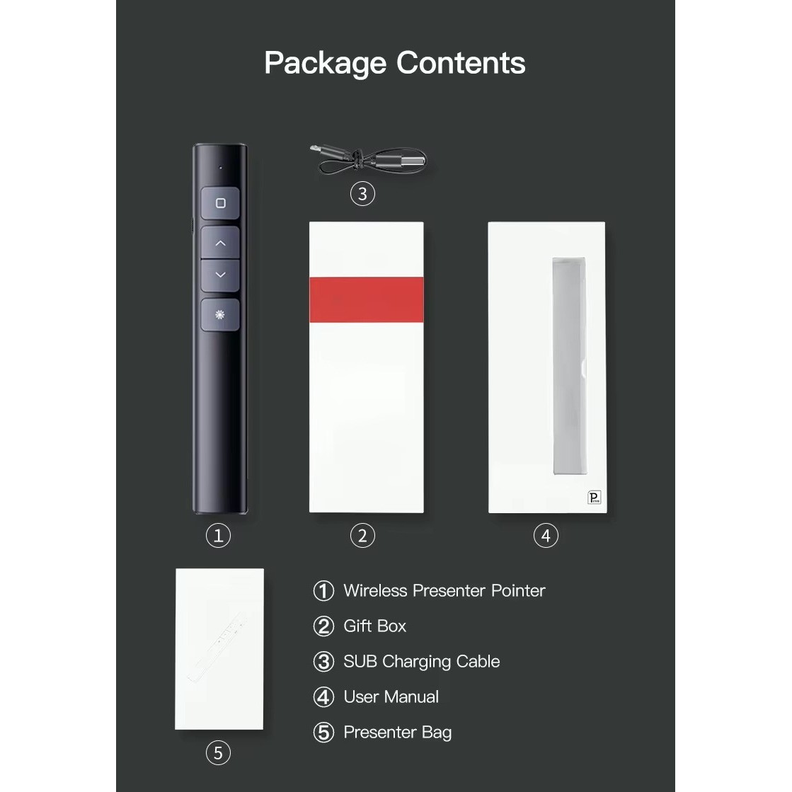 2.4 GHz Wireless Presenter with Red Pointer RF Remote Control Rechargeable Black