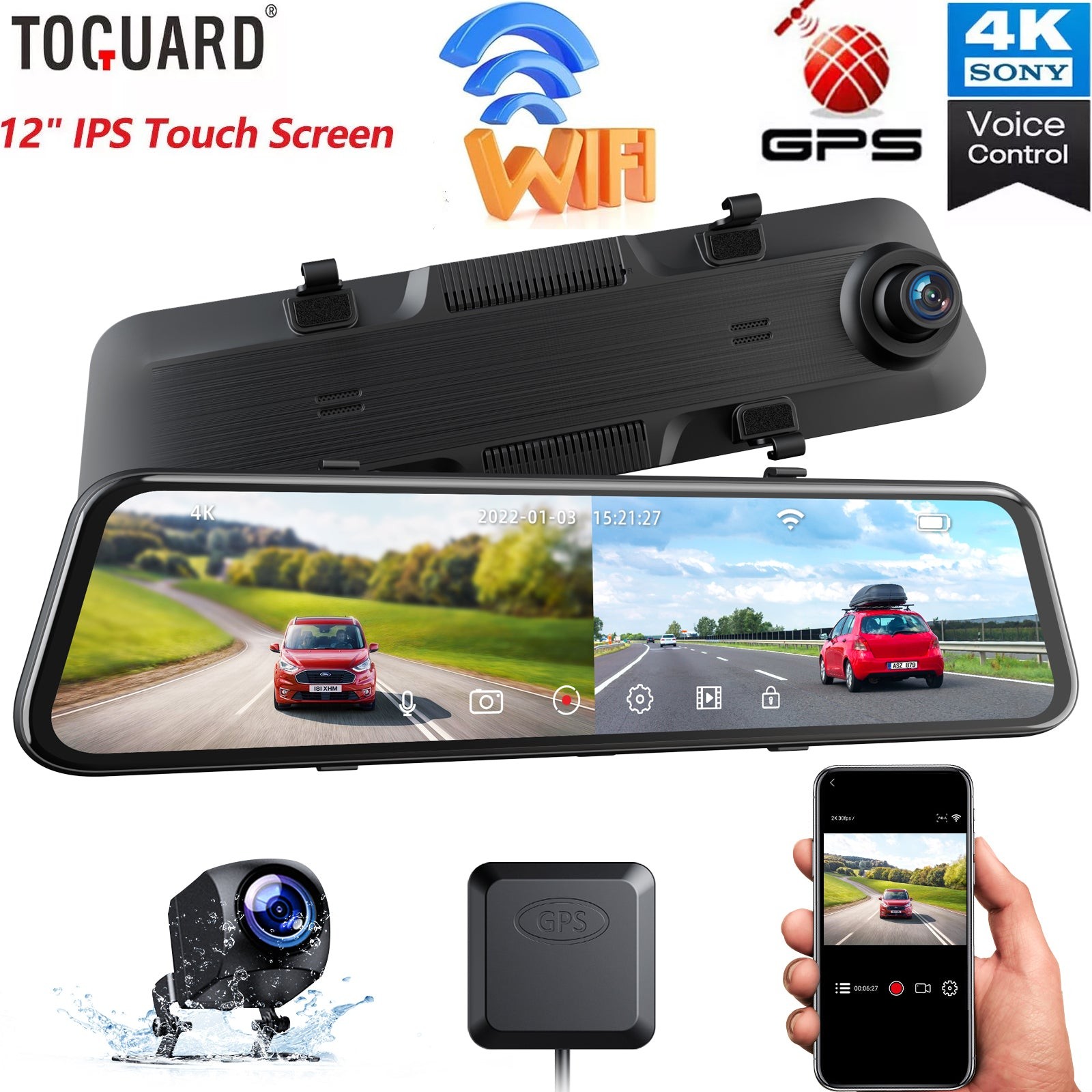TOGUARD 12" Mirror Dash Cam 4K GPS WiFi Backup Camera Front + Rear DVR Recorder