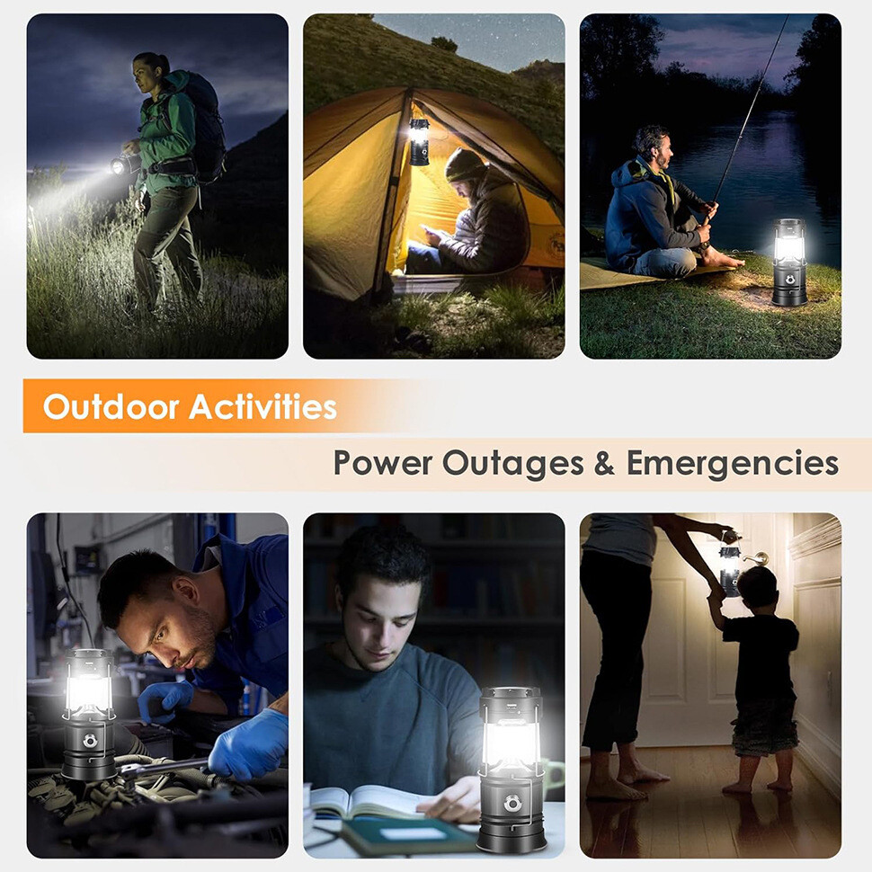 1pcs Solar Camping Lantern, Rechargeable LED Flashlight with USB Power Bank
