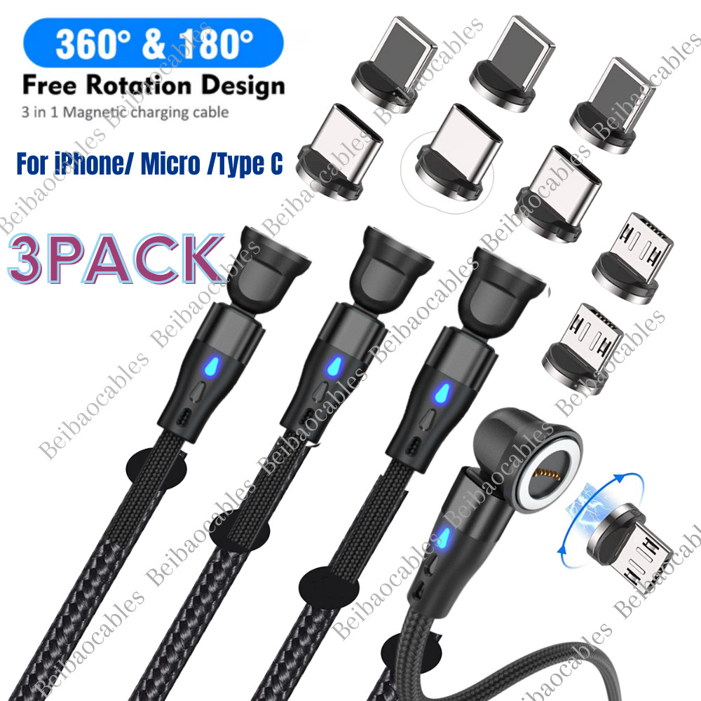 540° Rotate Magnetic Phone Charger Charging Cable For Micro USB/Type C/ iPhone