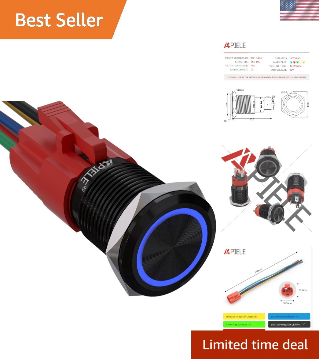 12V Waterproof Latching Push Button Switch - 16mm Size with LED Angel Eye