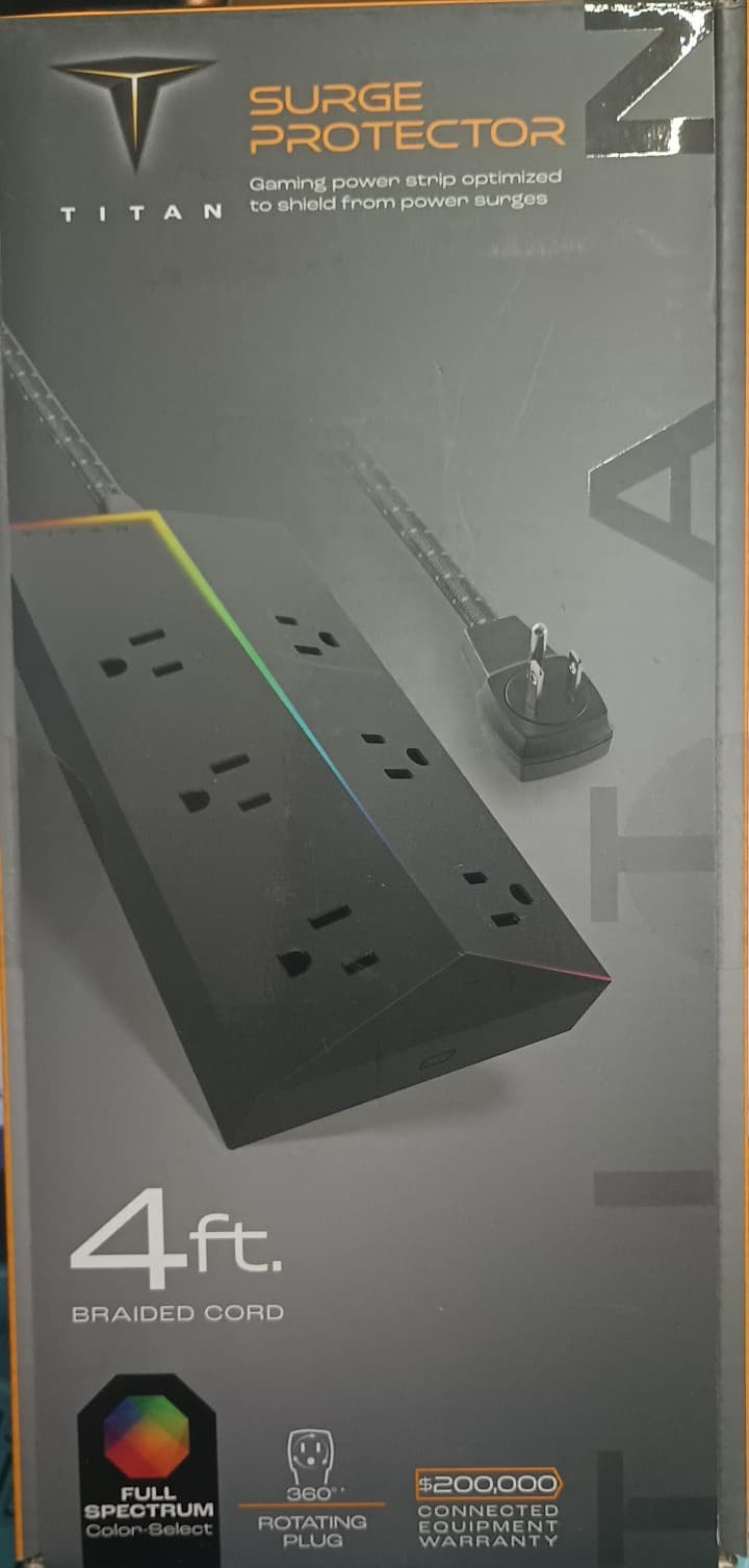 Titan 6-Outlet 4ft. Multicolor LED Surge Protector with Braided Cord - Black