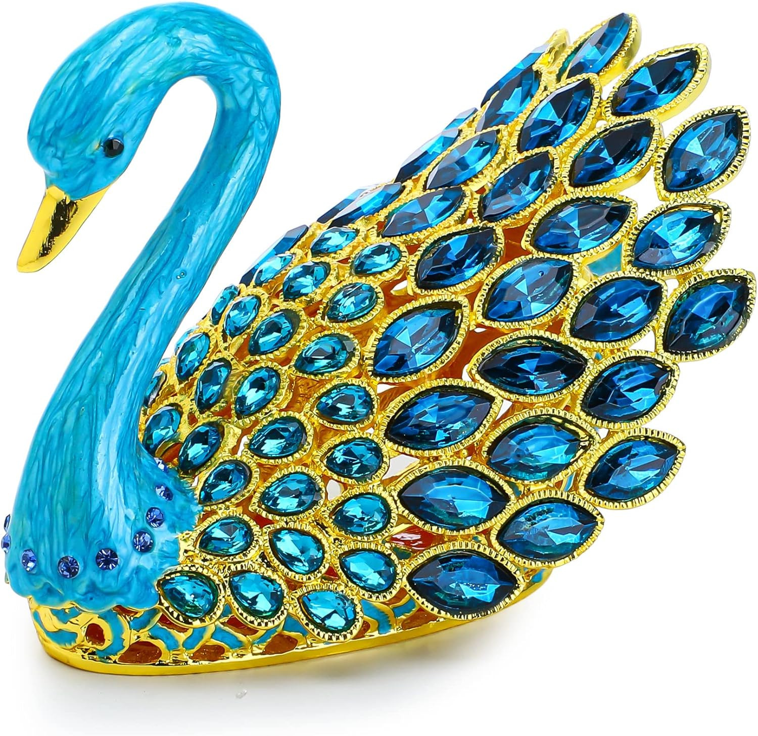 3.7Inch Enamel Blue Gems Swan Trinket Box Hinged Hand-Painted Jewelry Storage Ri