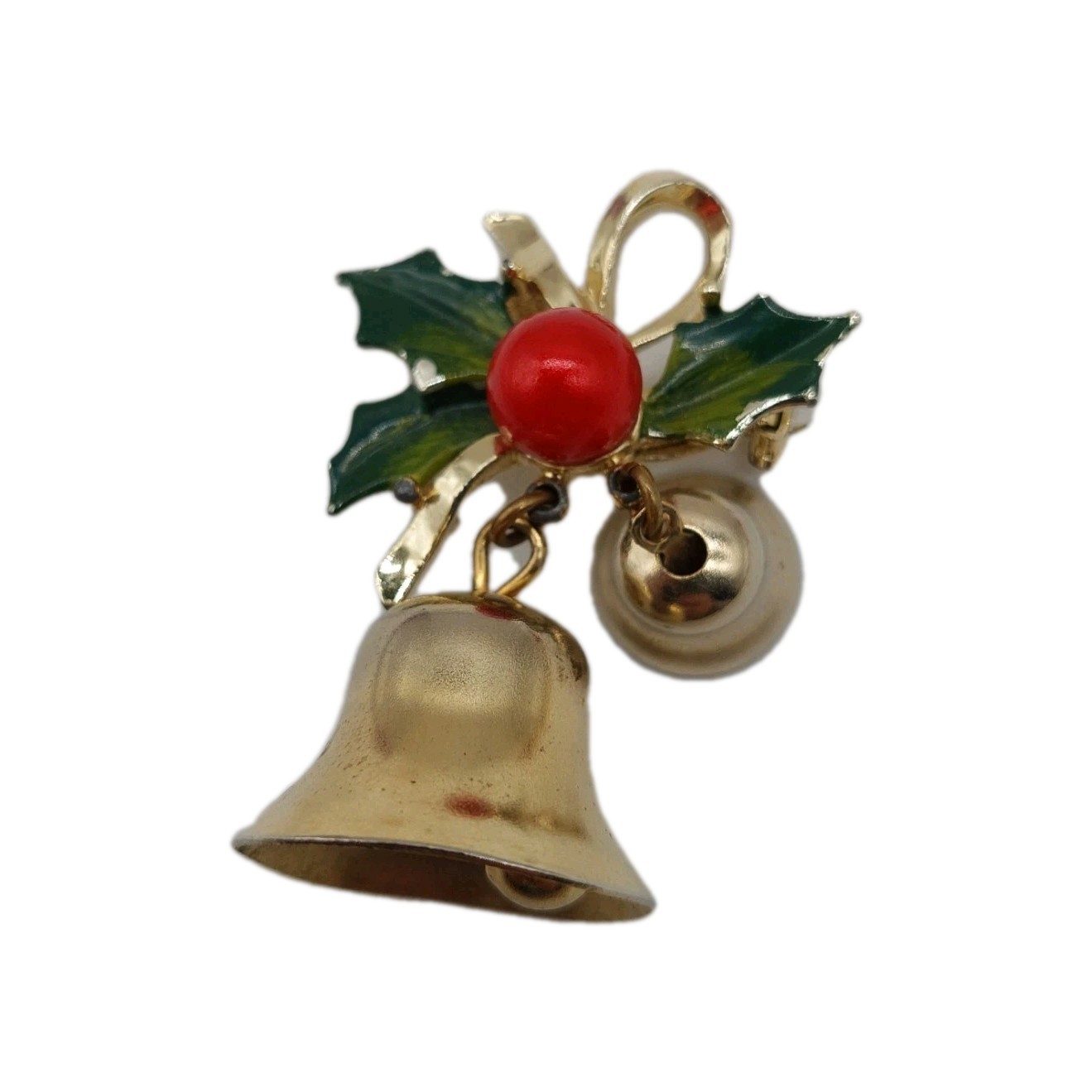 Jingle Bell Brooch Pin Gold Tone Bell Holly Leaves Ivy Red Green