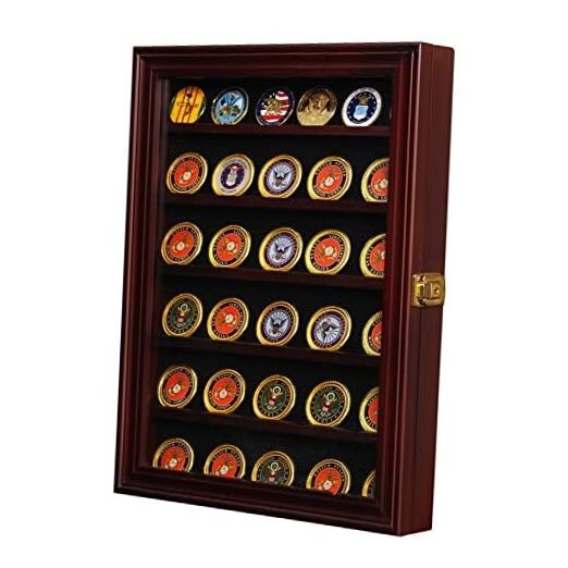 Military Challenge Coin Display Case Lockable Cabinet Rack Holder Large-Cherry