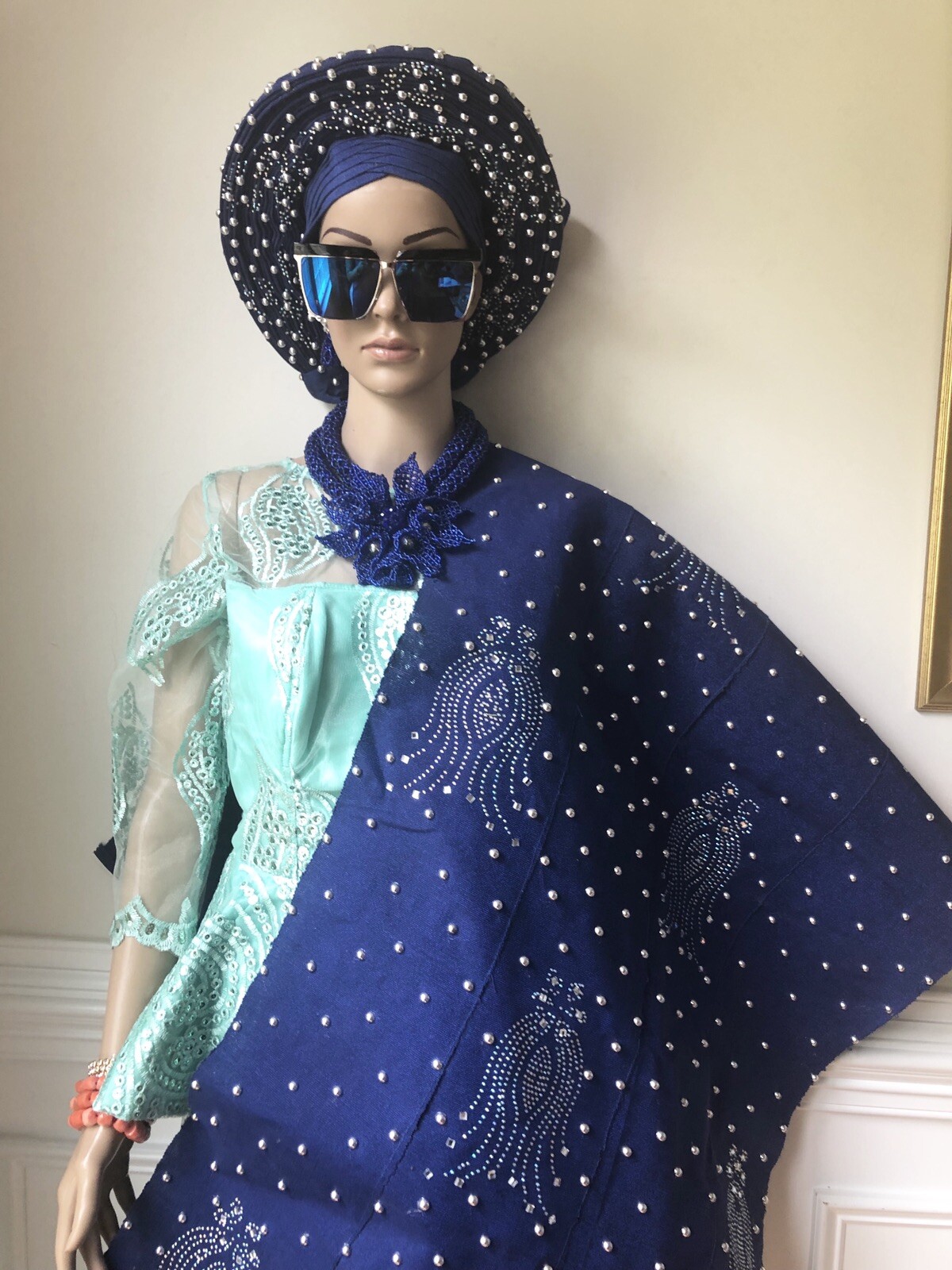 Auto Gele, Auto Gele With Shoulder Shawl, Autogele, Blue Aso Oke Auto Gele