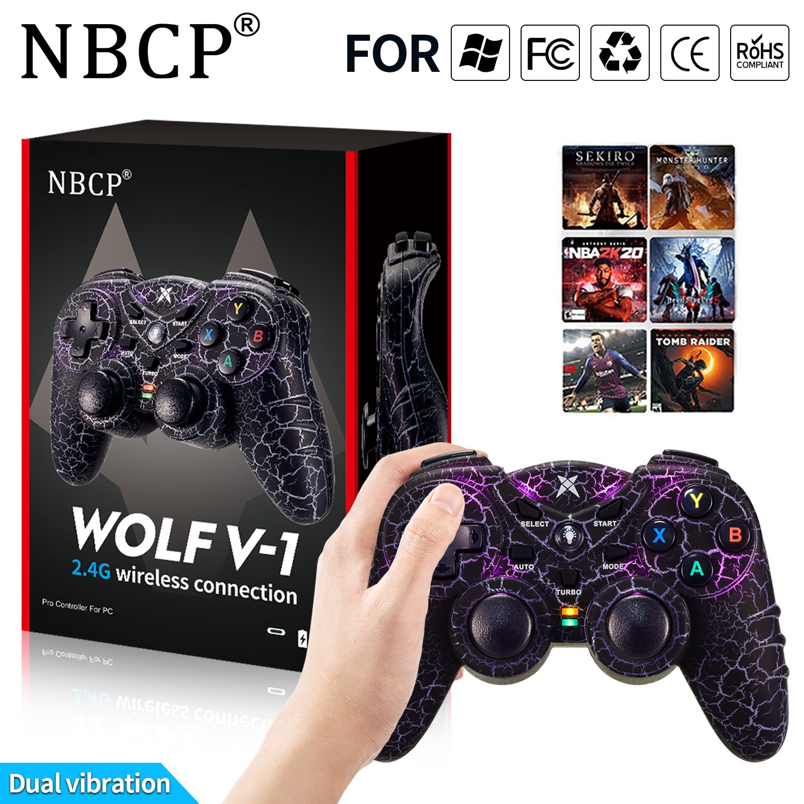 2.4GHz RF Wireless Gaming Controller LED Vibration for PC