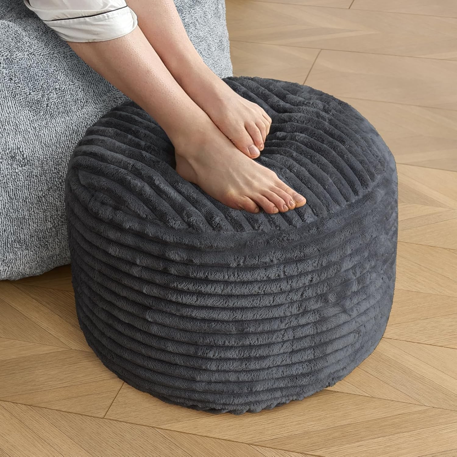 Stuffed Round Pouf Ottoman,Corduroy Foot Rest W/ Shredded Foam Filling