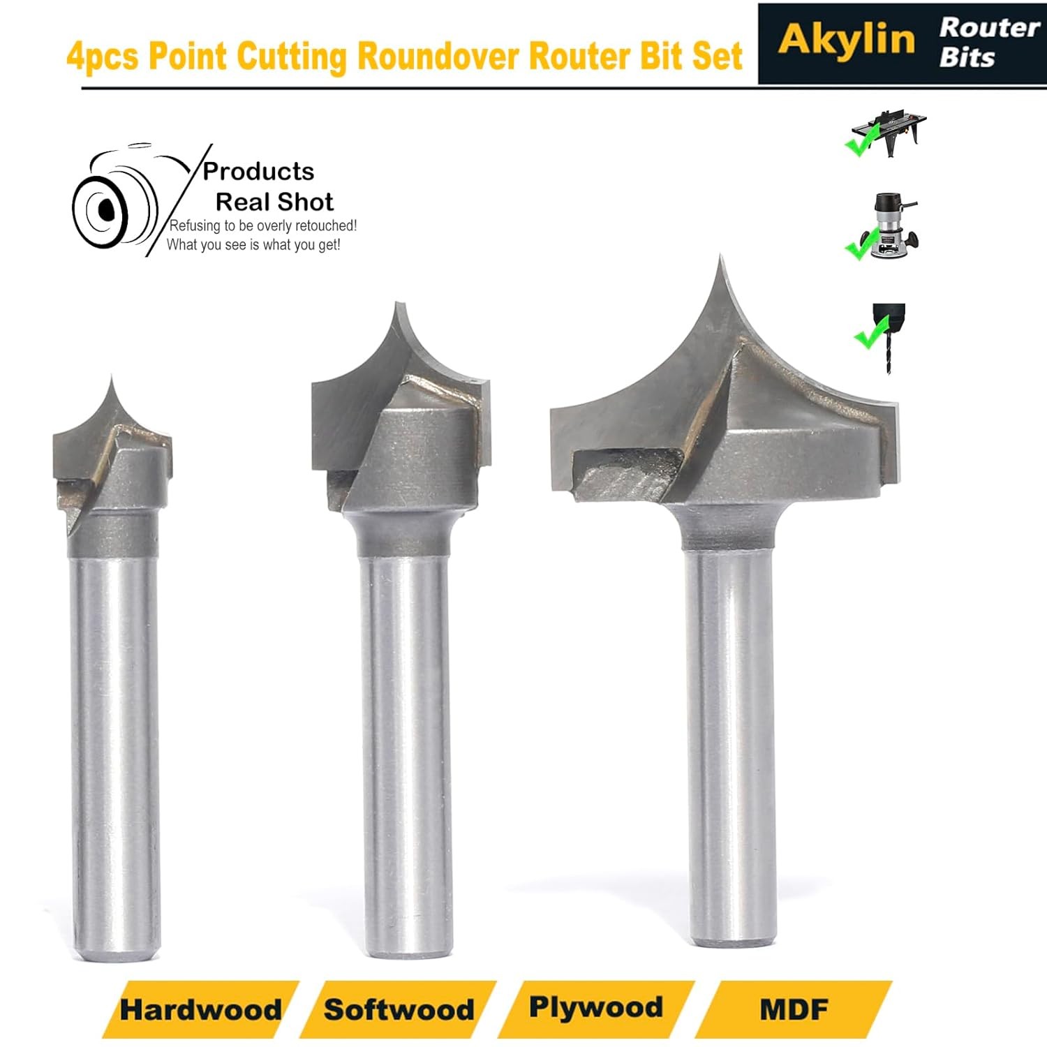 4pcs Point Cutting Roundover Router Bit Set,1/4" Shank