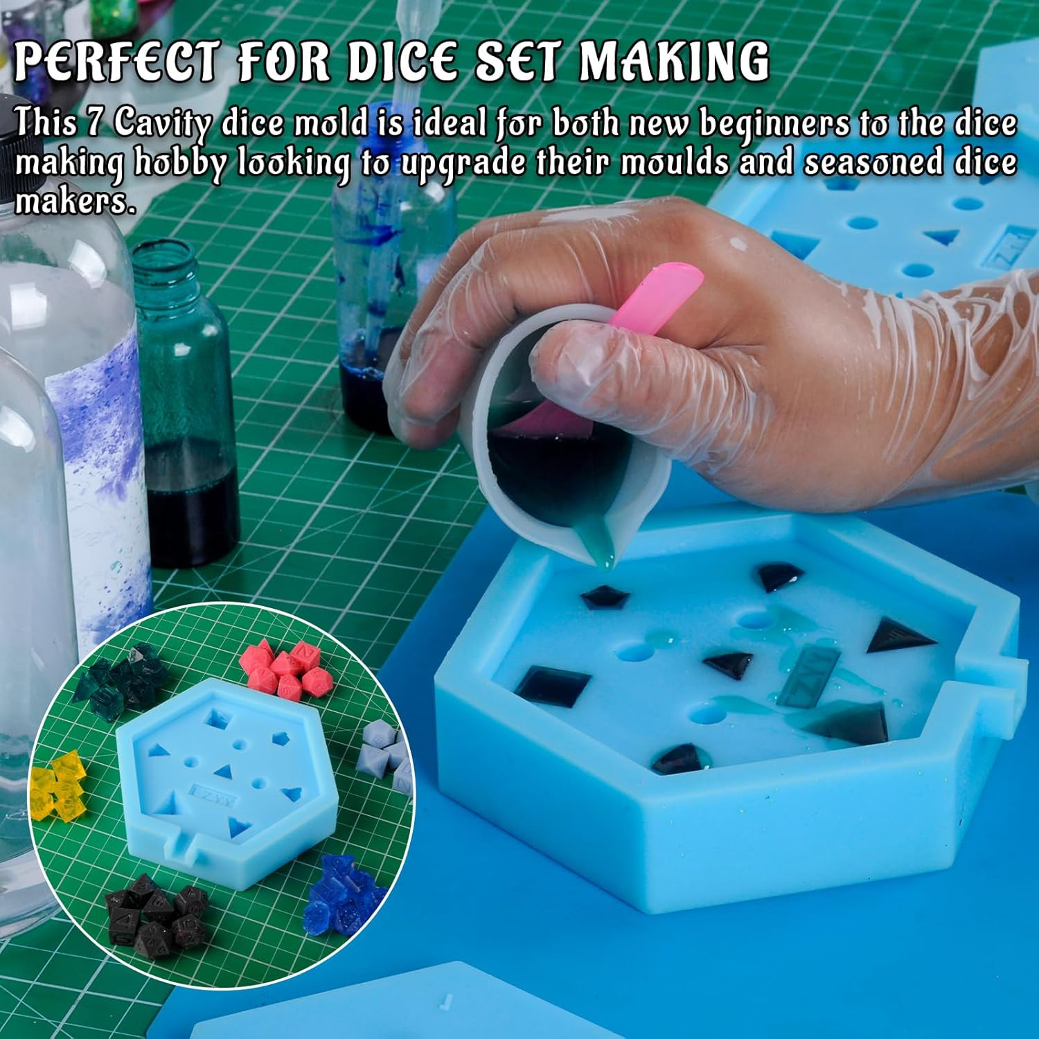 CZYY Silicone Dice Mold, 7-Cavity Sharp Edge Polyhedral Resin Mould | Make