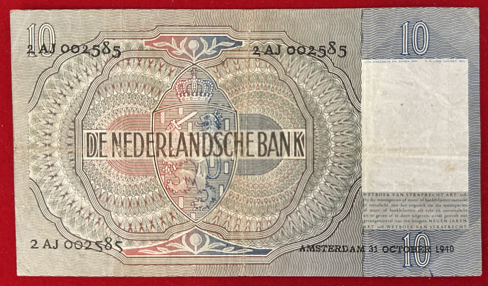 Netherlands 10 Gulden 1940 P-56 - VF