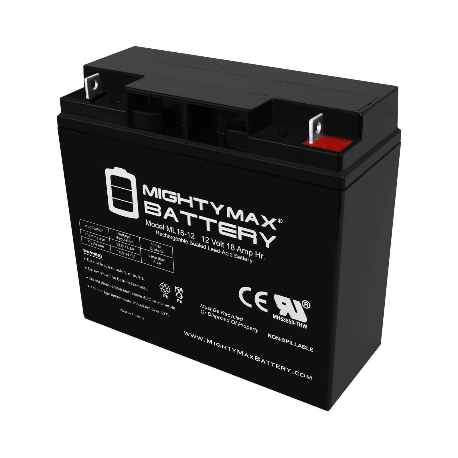 ML18-12 - 12 Volt 18 AH, Nut and Bolt (NB) Terminal, Rechargeable SLA AGM Bat...