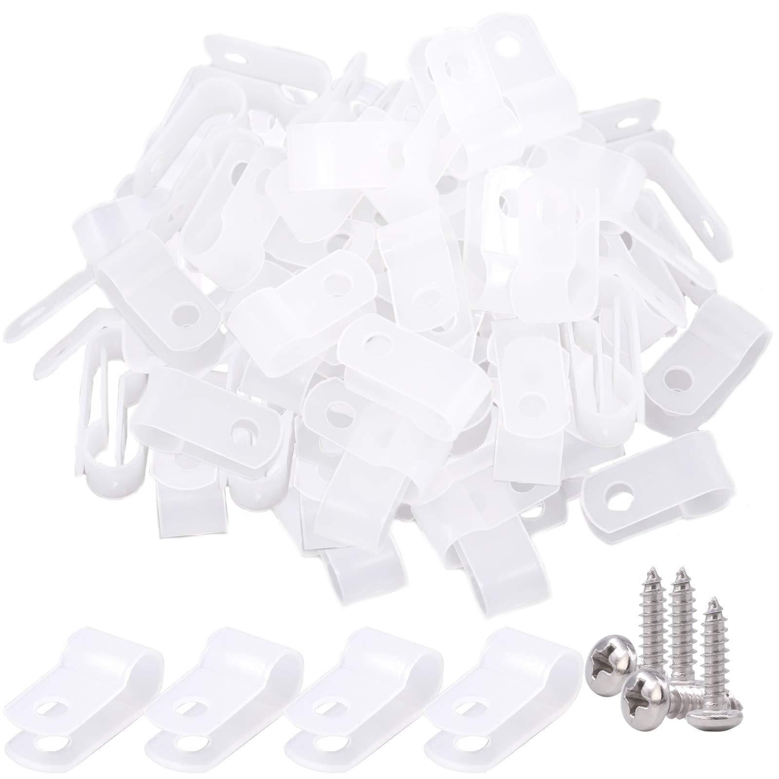 60 PCS 1/4 Inch White Nylon Screw Mounting RType Cable Clip Wire Clamp
