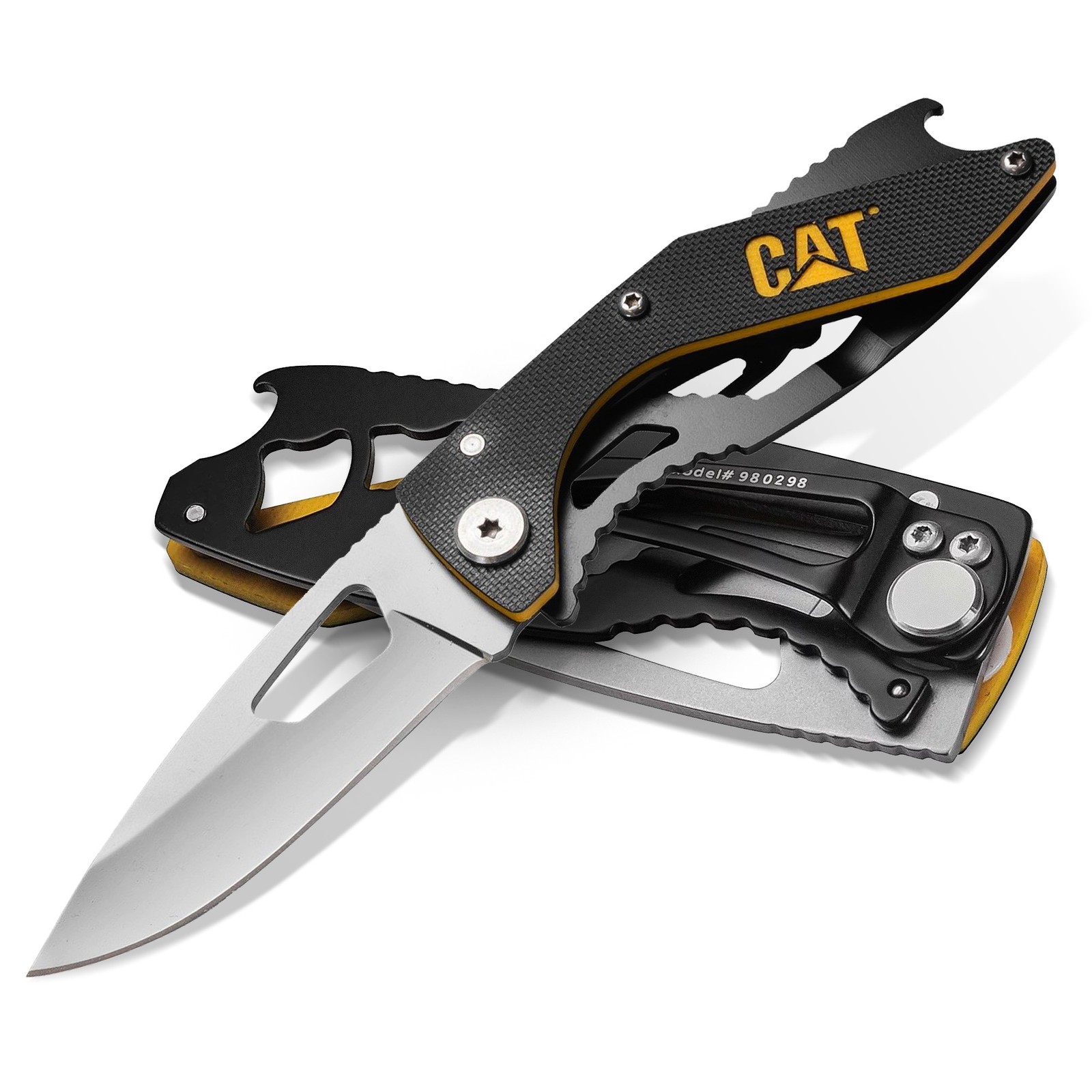Cat 6-1/4 Inch Folding Skeleton Knife with Bottle Opener and Polished Blade -