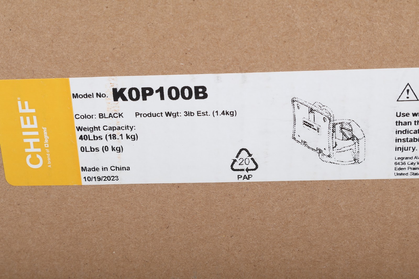 Chief K0P100B Pole Mount 841872159935 - NEW Sealed