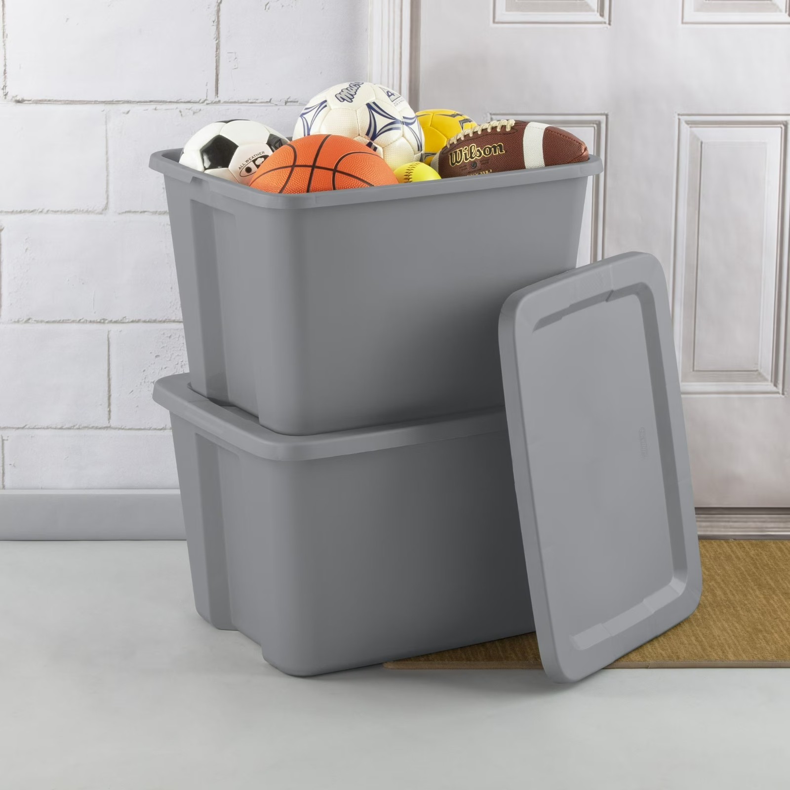 Sterilite Large Storage Bin, 18 Gallon Durable Plastic Storage Tote, Gray 8 pack