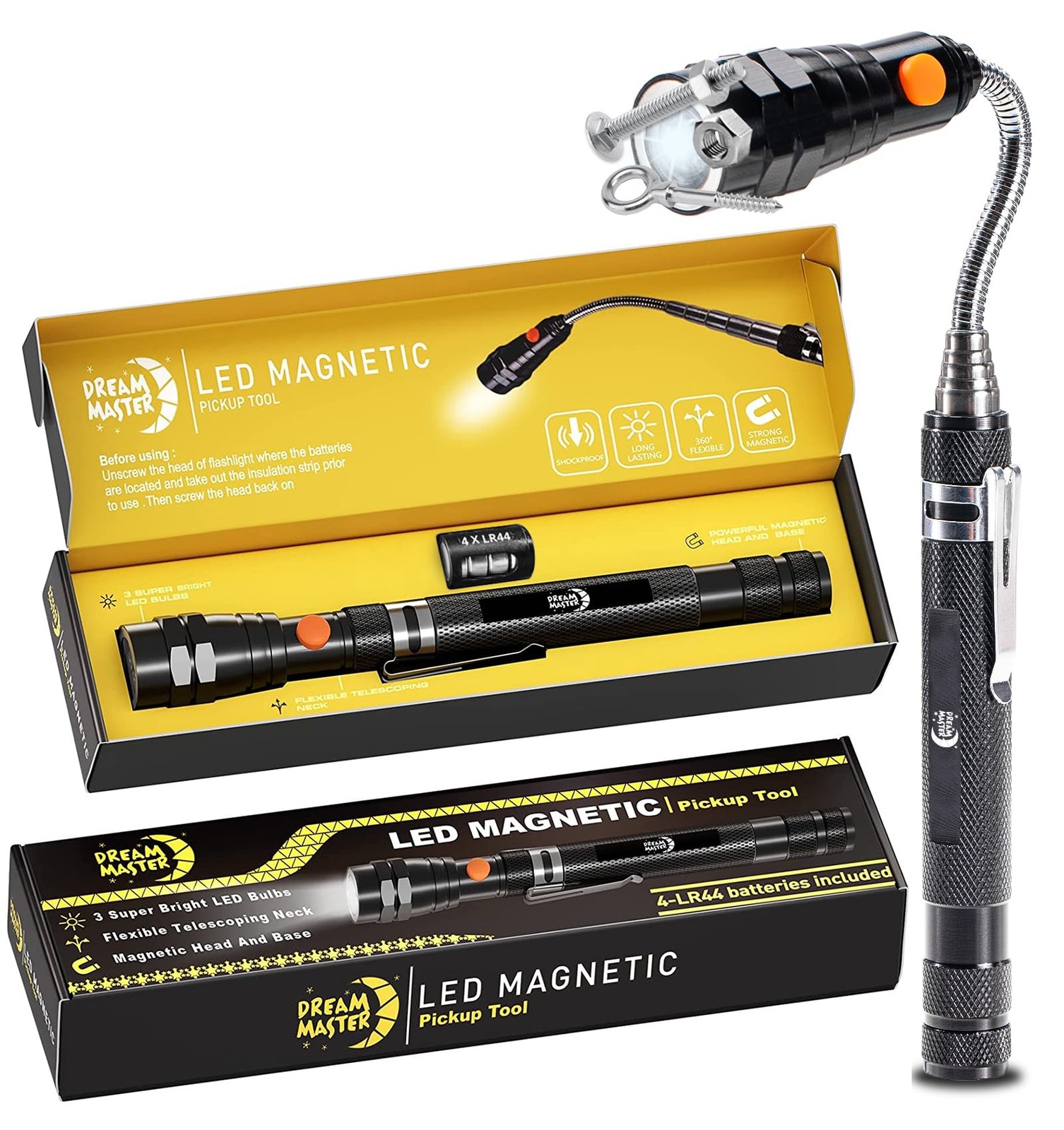 Magnetic Pickup Tool, Gifts for Men, Telescoping Magnet Flashlight, Black