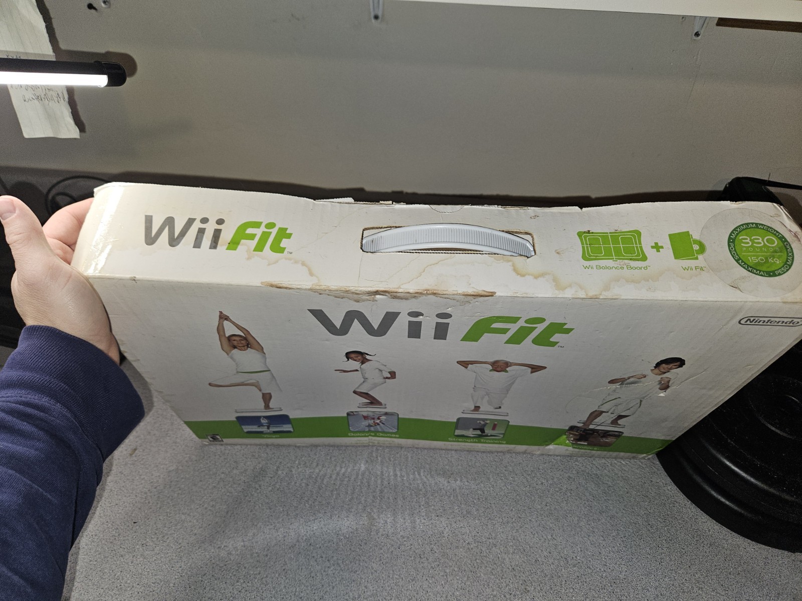 Wii fit box, baggies, manual, game and cardboard.  No balance board or risers.