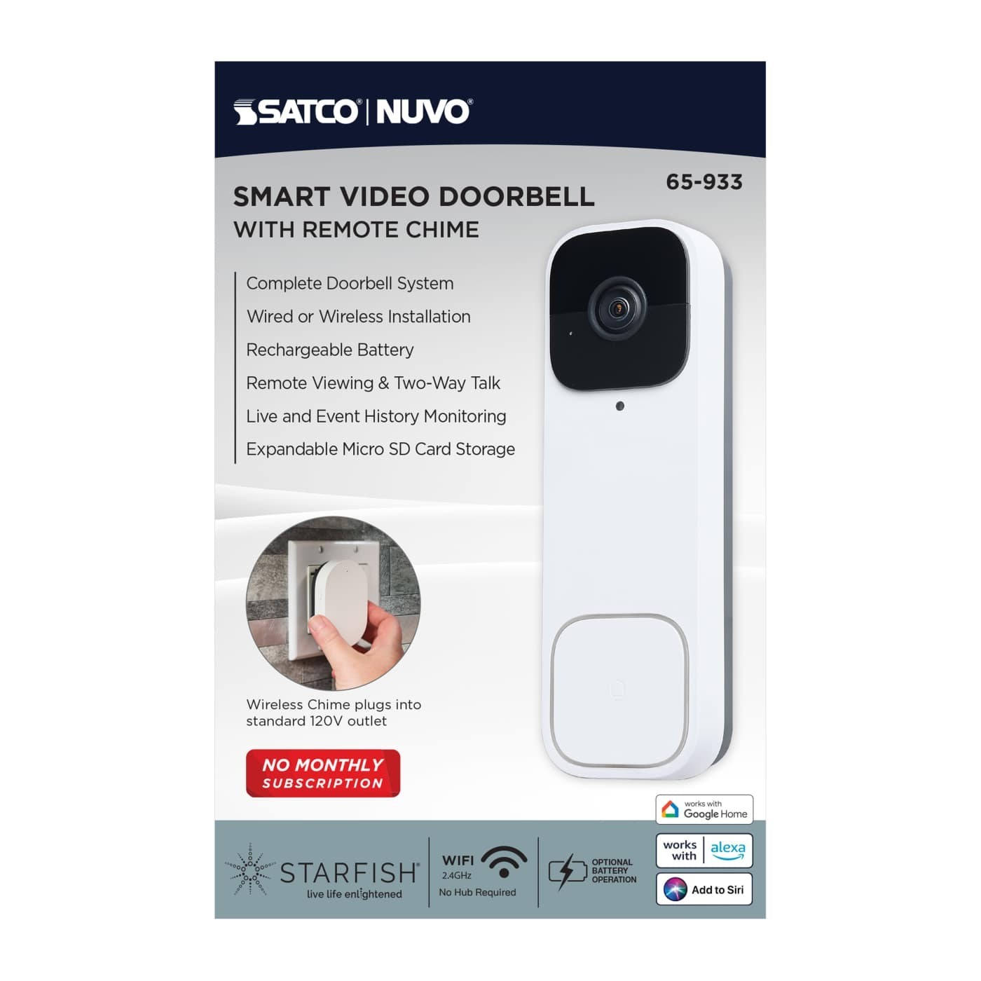 Satco 65-933 - Starfish Smart White Doorbell Security Camera w/ Wireless Chime