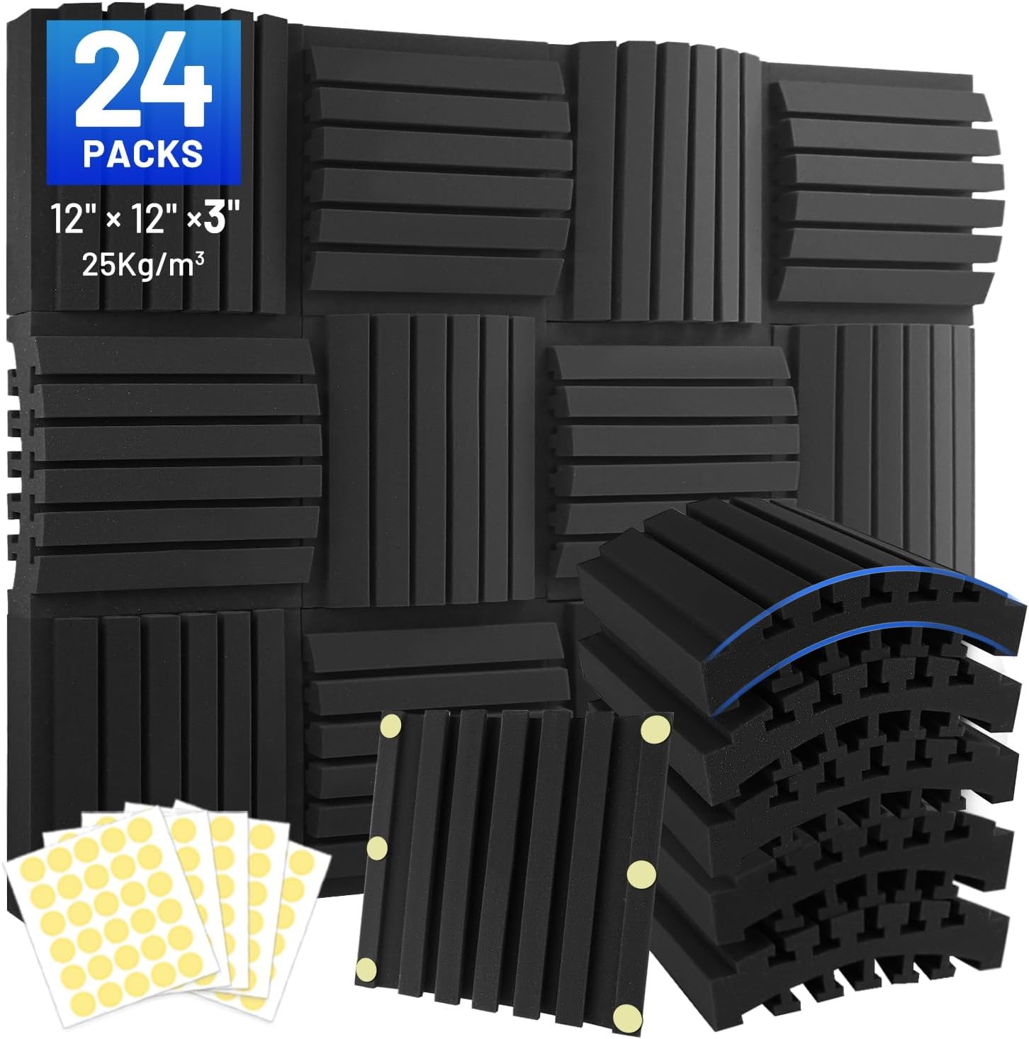 24 Pack Curved Acoustic Foam Panels 3" x 12" x Sound Proof 24