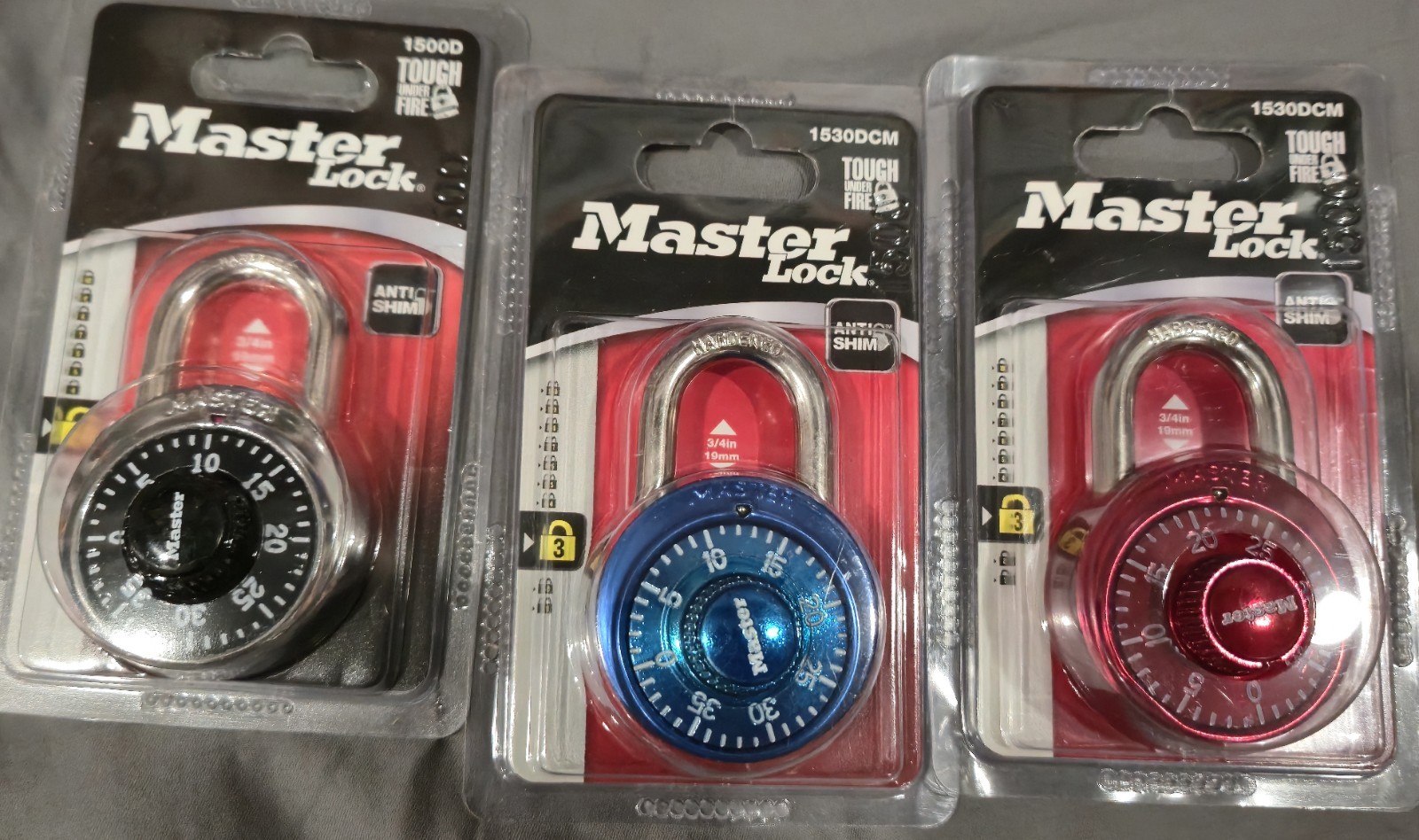 Master Lock 1530DCM Combination Padlock Steel Shackle Anti-Shim Set of 3