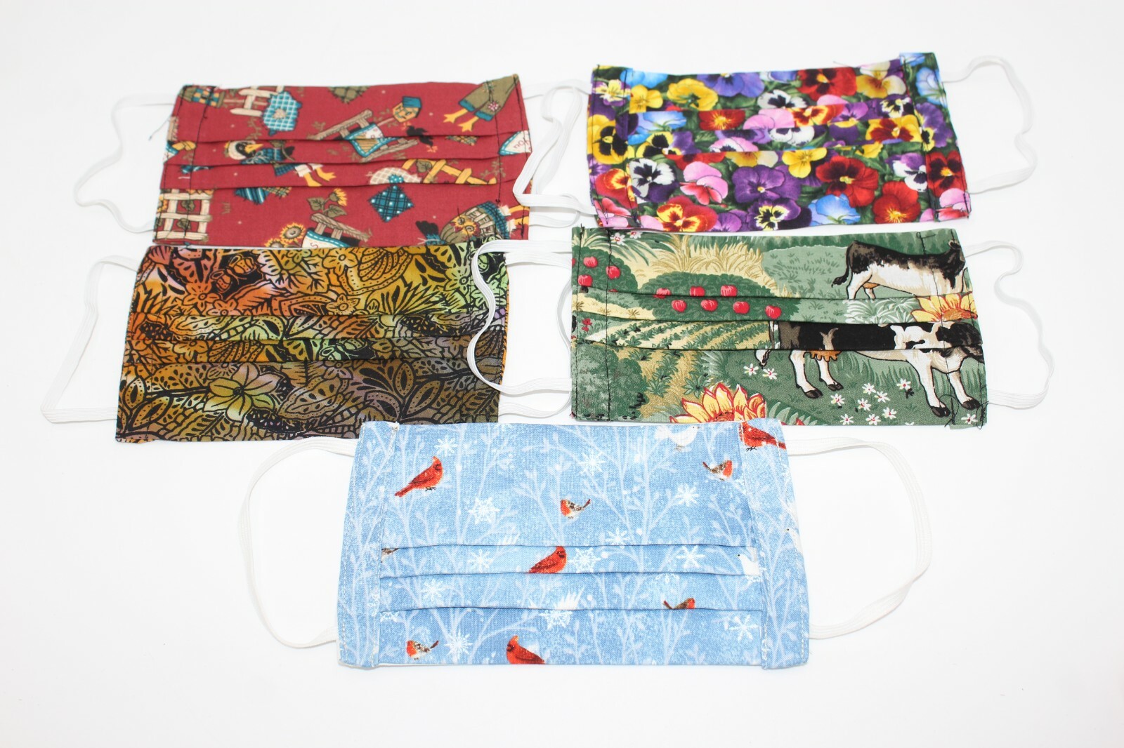 Lot of 5 Fall Floral Cow Face Masks Washable Mouth Cover OSFM Handmade Cardinals