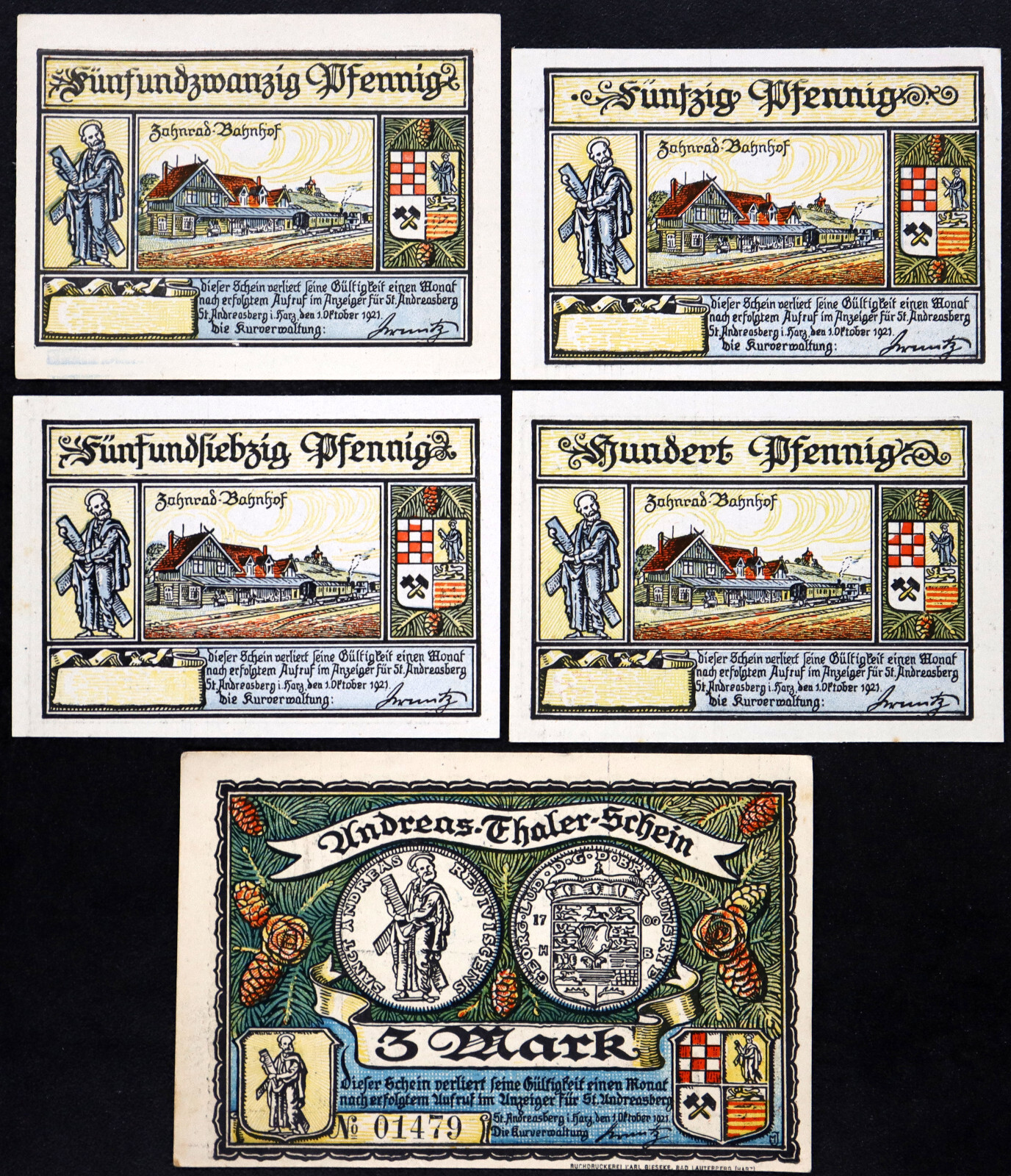 ST. ANDREASBERG 1921 "Winter Skiing" Complete Rare w/o Serials! German Notgeld