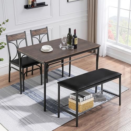 Kitchen Dining Table Set with Upholstered Bench & 2 seat for 4 Classic Brown