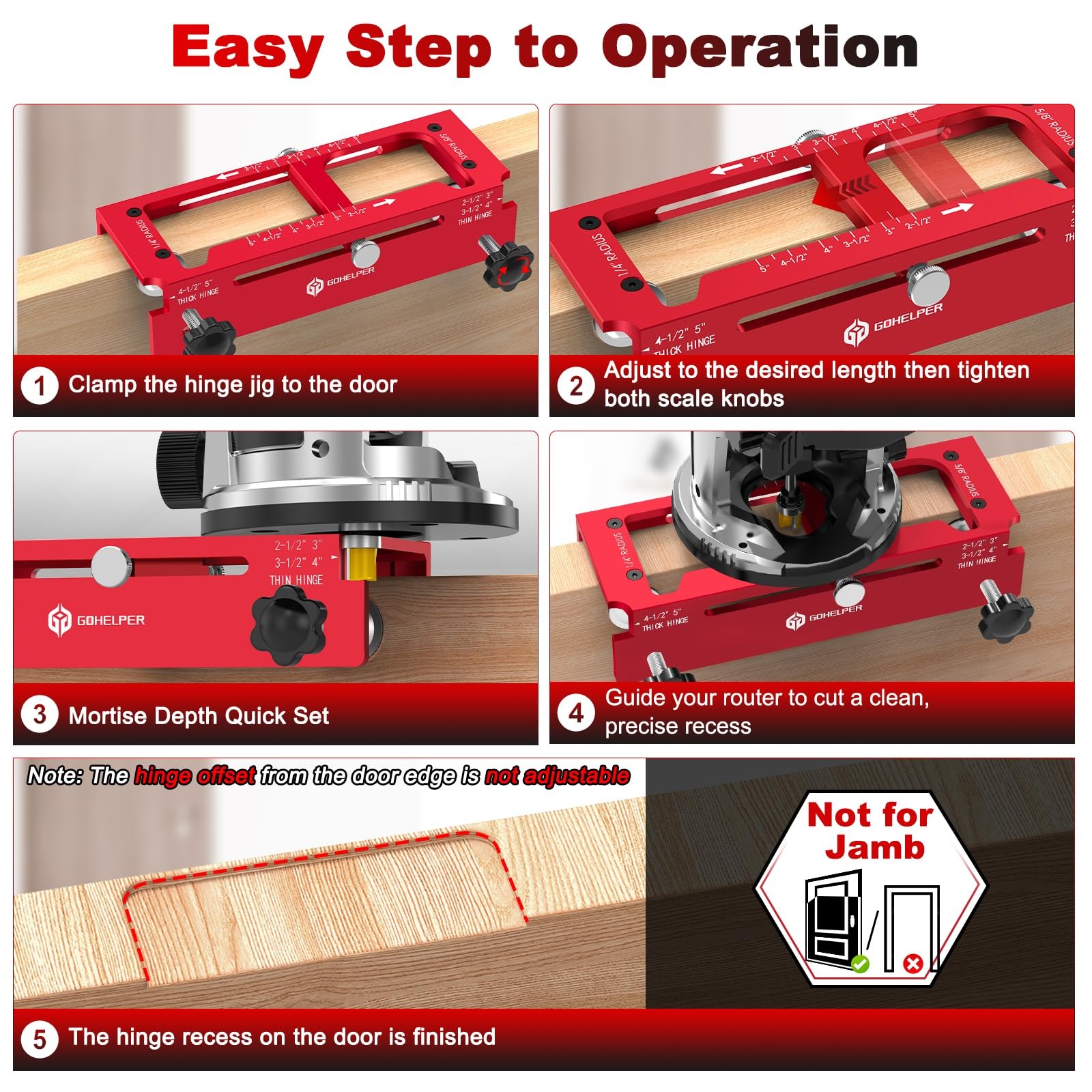 Door Hinge Jig Aluminum Alloy Template Kit Router Adjustable Mortise 2.55 Inch